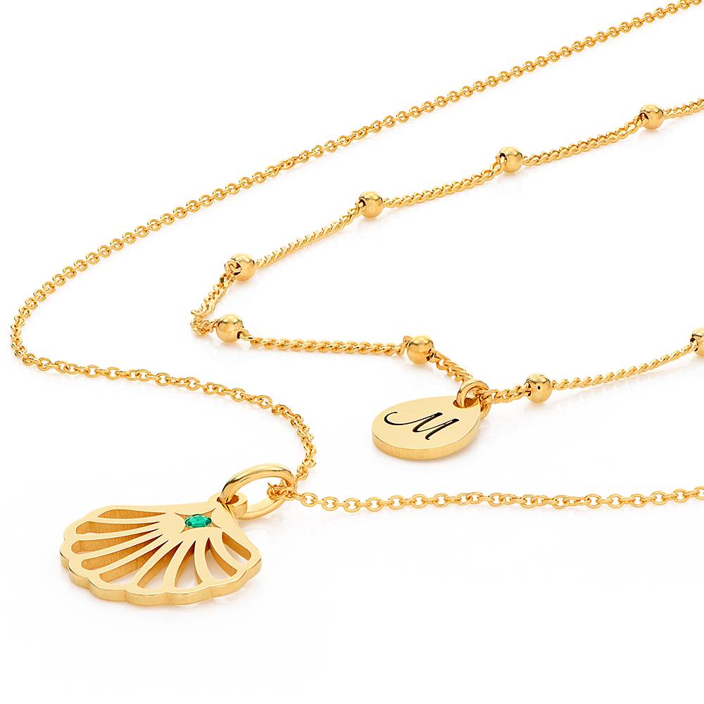 Collar con Inicial con Concha de Ariel y Piedra de Nacimiento en Vermeil de Oro-3 foto de producto