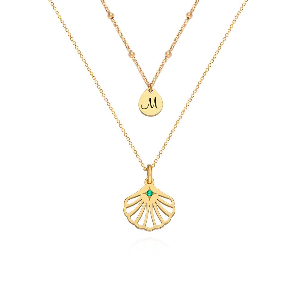 Collar con Inicial con Concha de Ariel y Piedra de Nacimiento en Vermeil de Oro-4 foto de producto