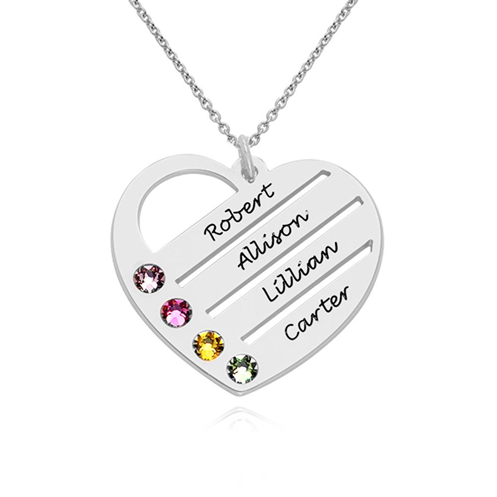 Collar de Corazón Terry con Nombres Grabados y Piedras de Nacimiento en Plata-4 Collar de Corazón Terry con Nombres Grabados y Piedras de Nacimiento en Plata-4 foto de producto