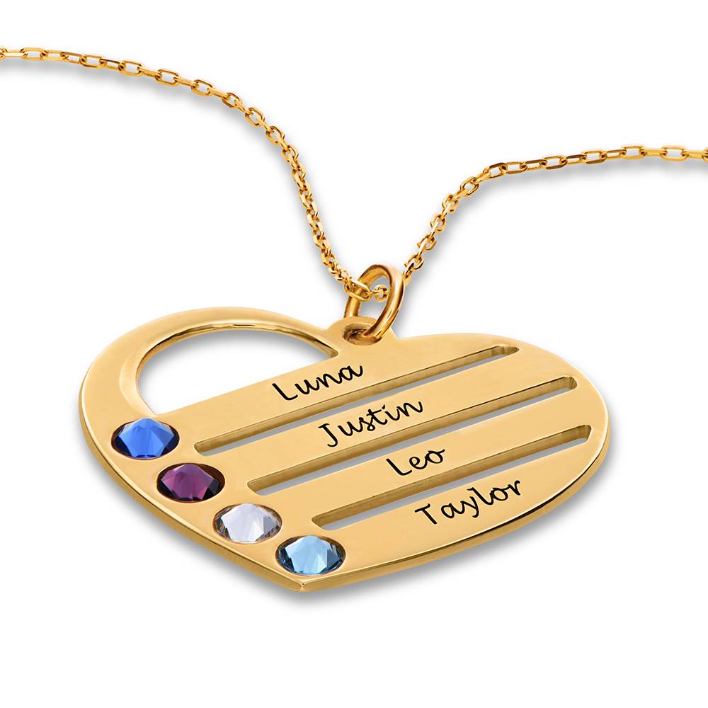 Collar de Corazón Terry con Nombres Grabados y Piedras de Nacimiento en Oro Sólido 14K-1 foto de producto