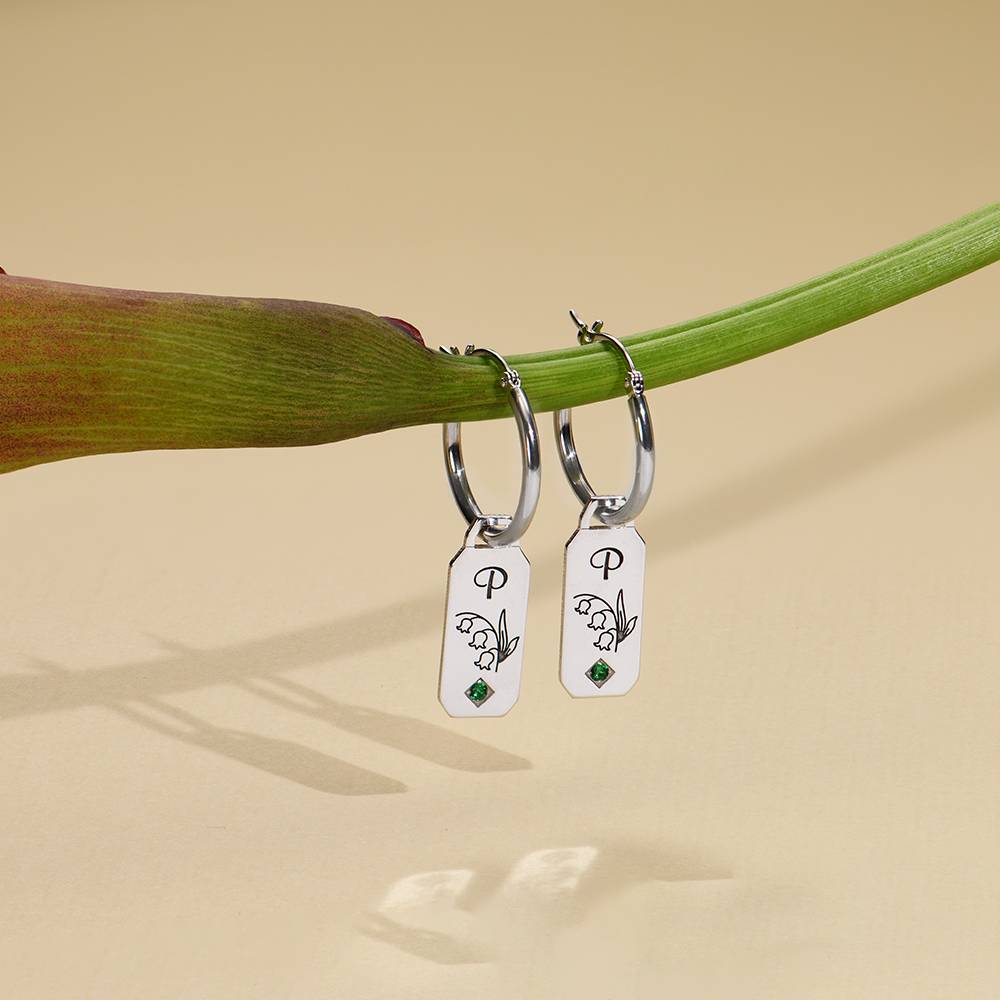 Pendientes Argolla de Flor de Nacimiento y Piedras con Iniciales en Plata-2 foto de producto