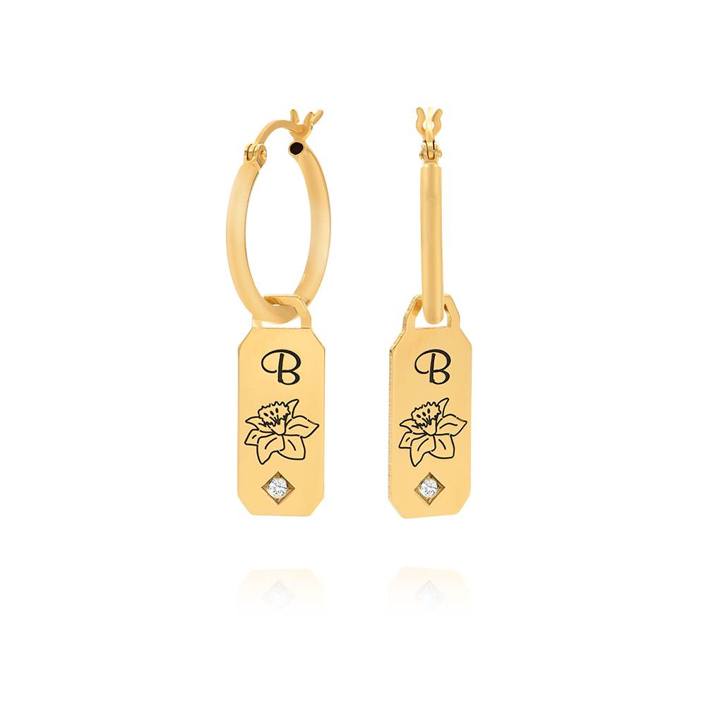 Pendientes Argolla de Flor de Nacimiento y Diamantes con Iniciales en Baño de Oro-1 foto de producto