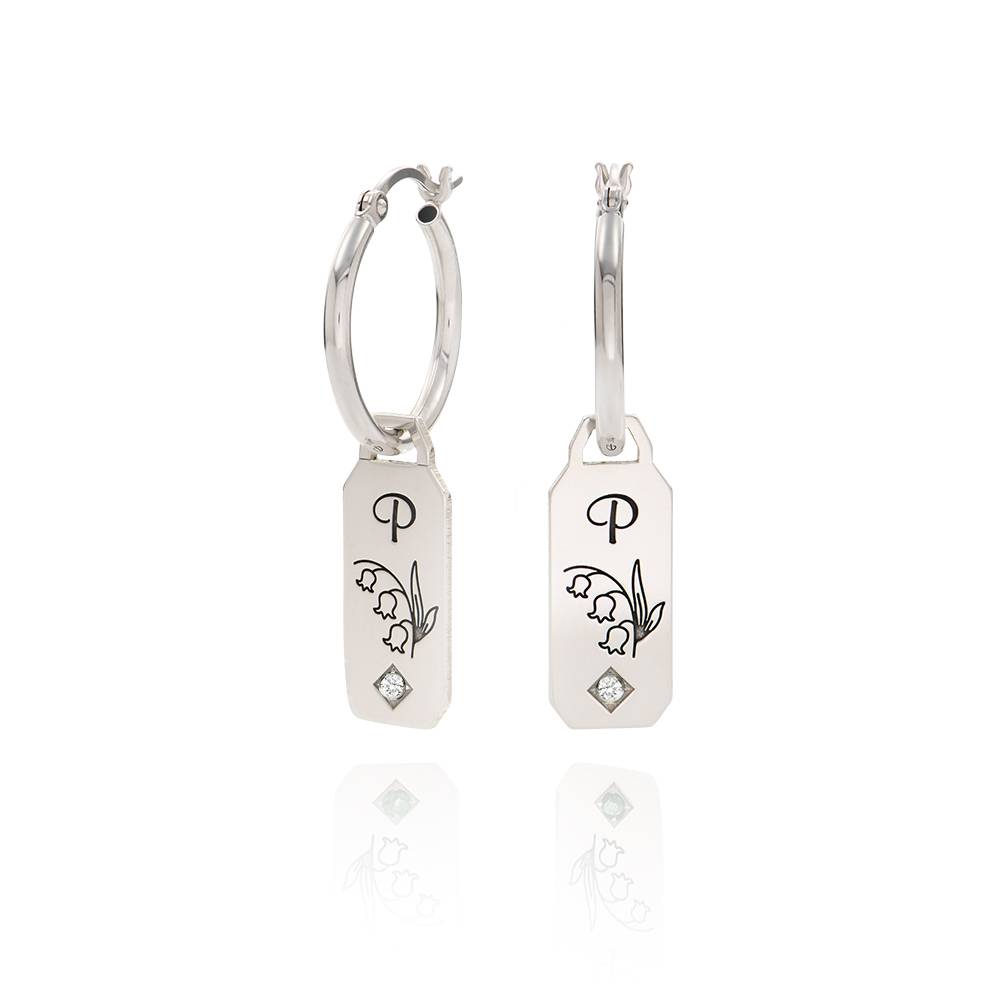 Pendientes Argolla de Flor de Nacimiento y Diamantes con Iniciales en Plata Esterlina-3 foto de producto