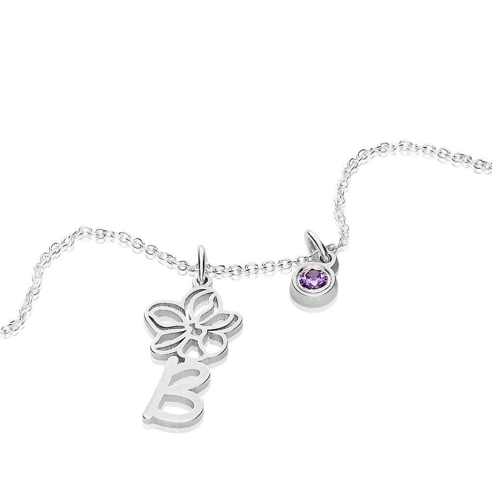 Collar con Inicial de Flor de Nacimiento y Piedra en Plata Esterlina-4 Collar con Inicial de Flor de Nacimiento y Piedra en Plata Esterlina-4 foto de producto