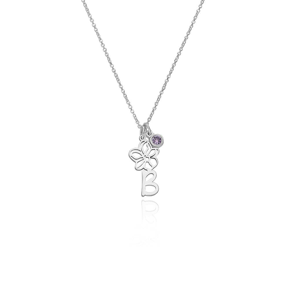 Collar con Inicial de Flor de Nacimiento y Piedra en Plata Esterlina-1 Collar con Inicial de Flor de Nacimiento y Piedra en Plata Esterlina-1 foto de producto