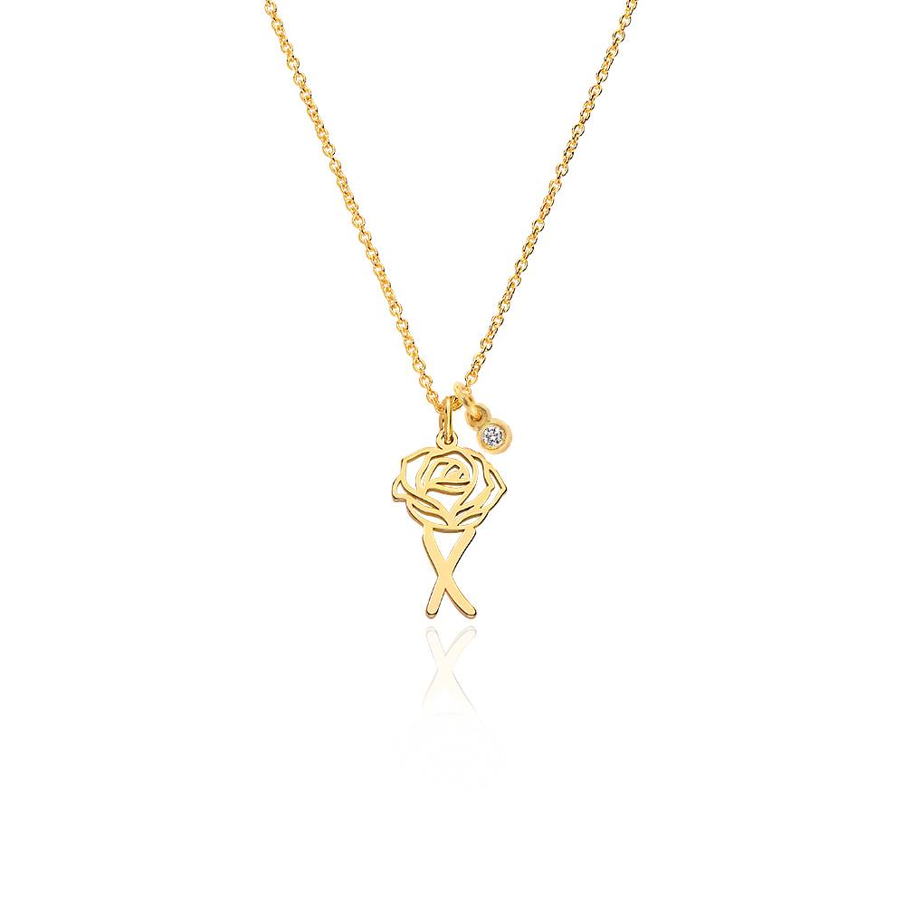 Collar con Inicial de Flor de Nacimiento y Diamante en Baño de Oro-1 Collar con Inicial de Flor de Nacimiento y Diamante en Baño de Oro-1 foto de producto