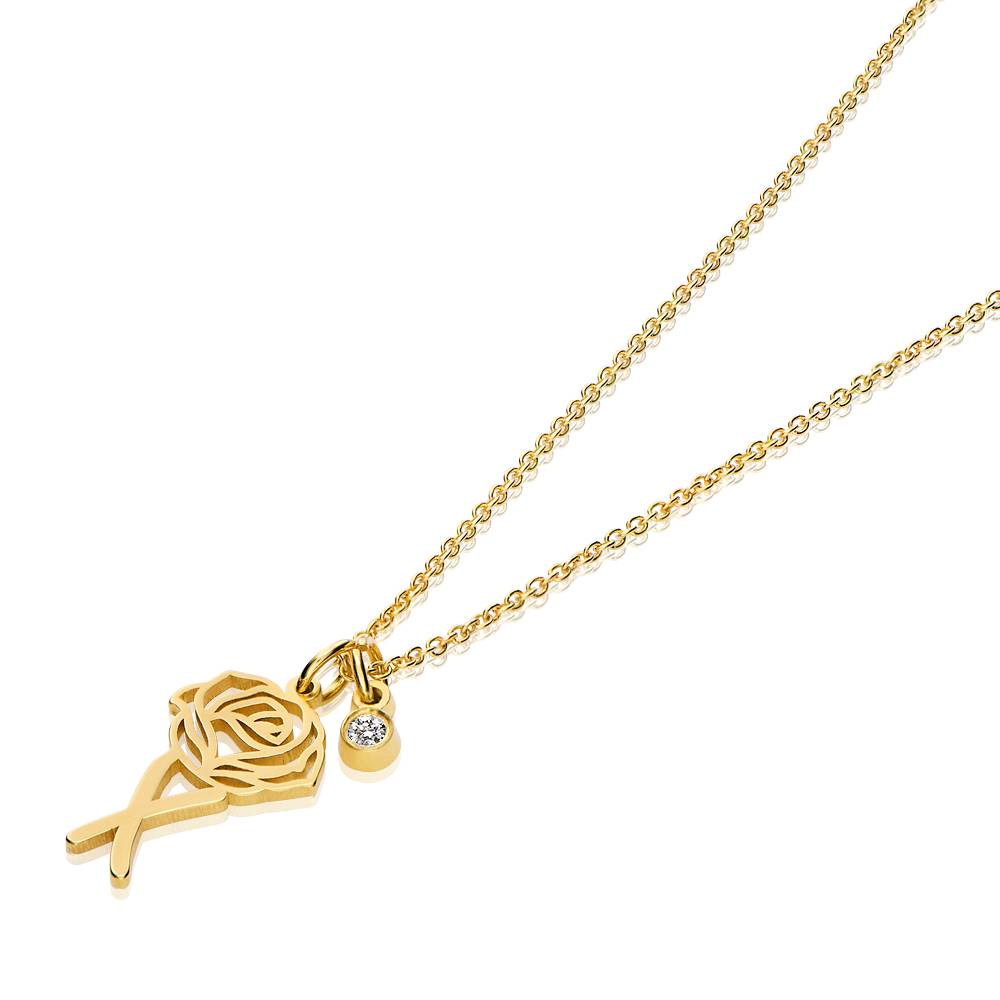 Collar con Inicial de Flor de Nacimiento y Diamante en Baño de Oro-2 Collar con Inicial de Flor de Nacimiento y Diamante en Baño de Oro-2 foto de producto