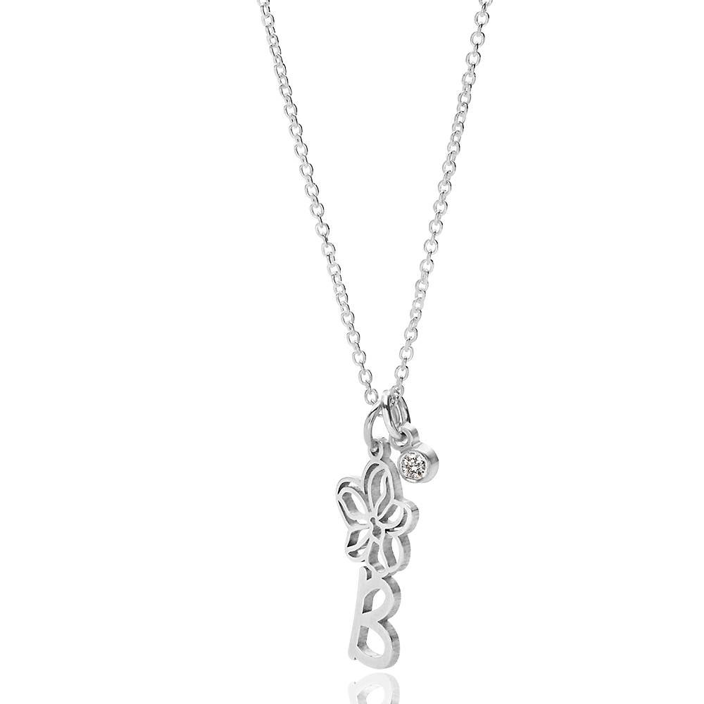 Collar con Inicial de Flor de Nacimiento y Diamante en Plata Esterlina-6 foto de producto