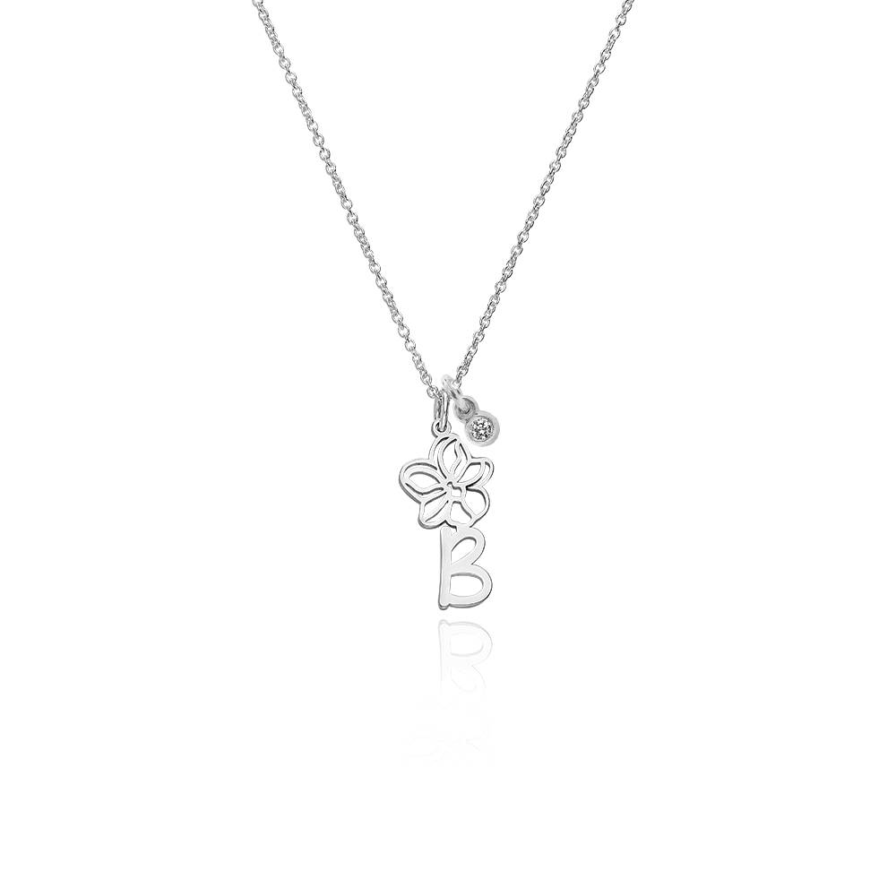 Collar con Inicial de Flor de Nacimiento y Diamante en Plata Esterlina-3 foto de producto