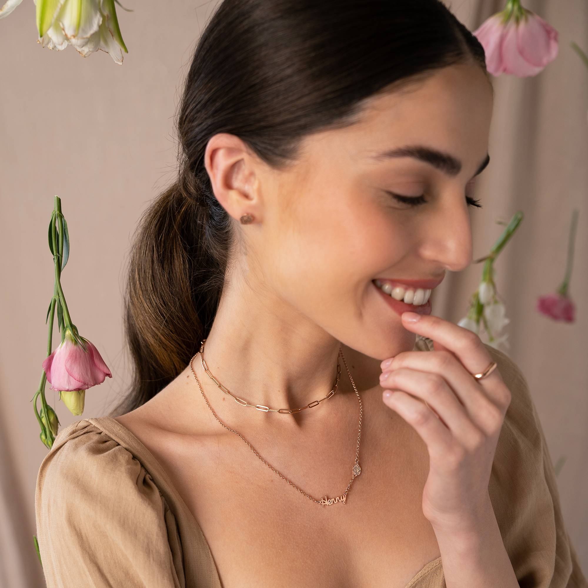 Collar con Nombres Múltiples de Flor de Nacimiento en Vermeil de Oro Rosa-4 foto de producto