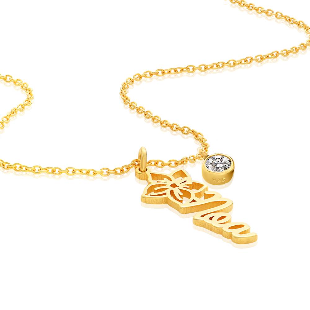 Collar con Nombre de Flor de Nacimiento y 0.25ct Diamante en Baño de Oro-2 Collar con Nombre de Flor de Nacimiento y 0.25ct Diamante en Baño de Oro-2 foto de producto