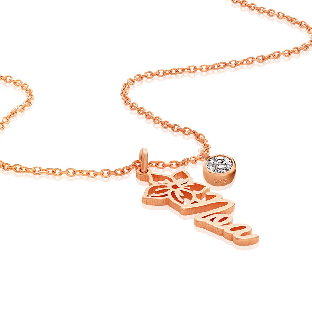Collar con Nombre de Flor de Nacimiento y 0.25ct Diamante en Chapa de Oro Rosa-3 foto de producto