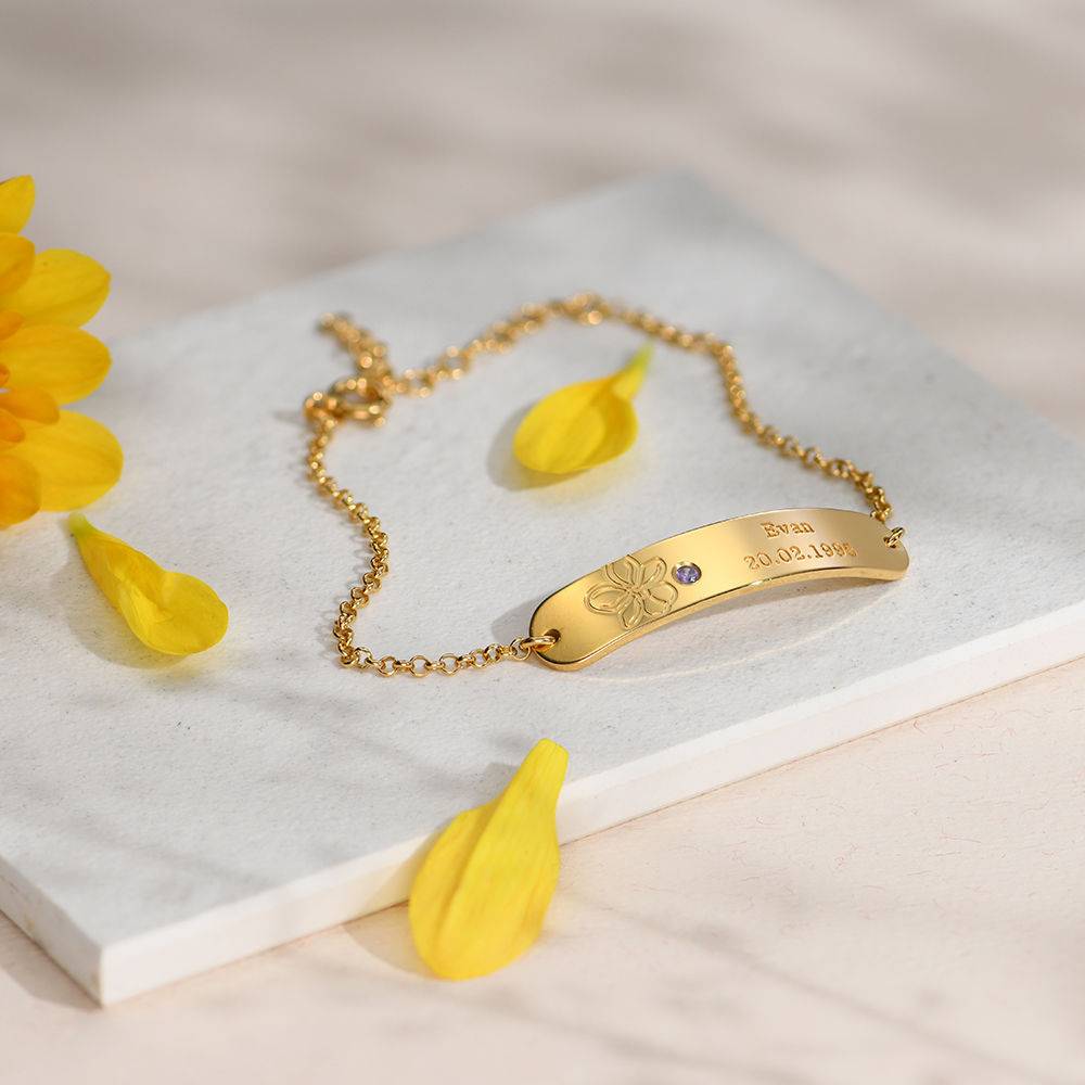 Pulsera Personalizado con Flor de Nacimiento y Piedra en Chapa de Oro-2 foto de producto