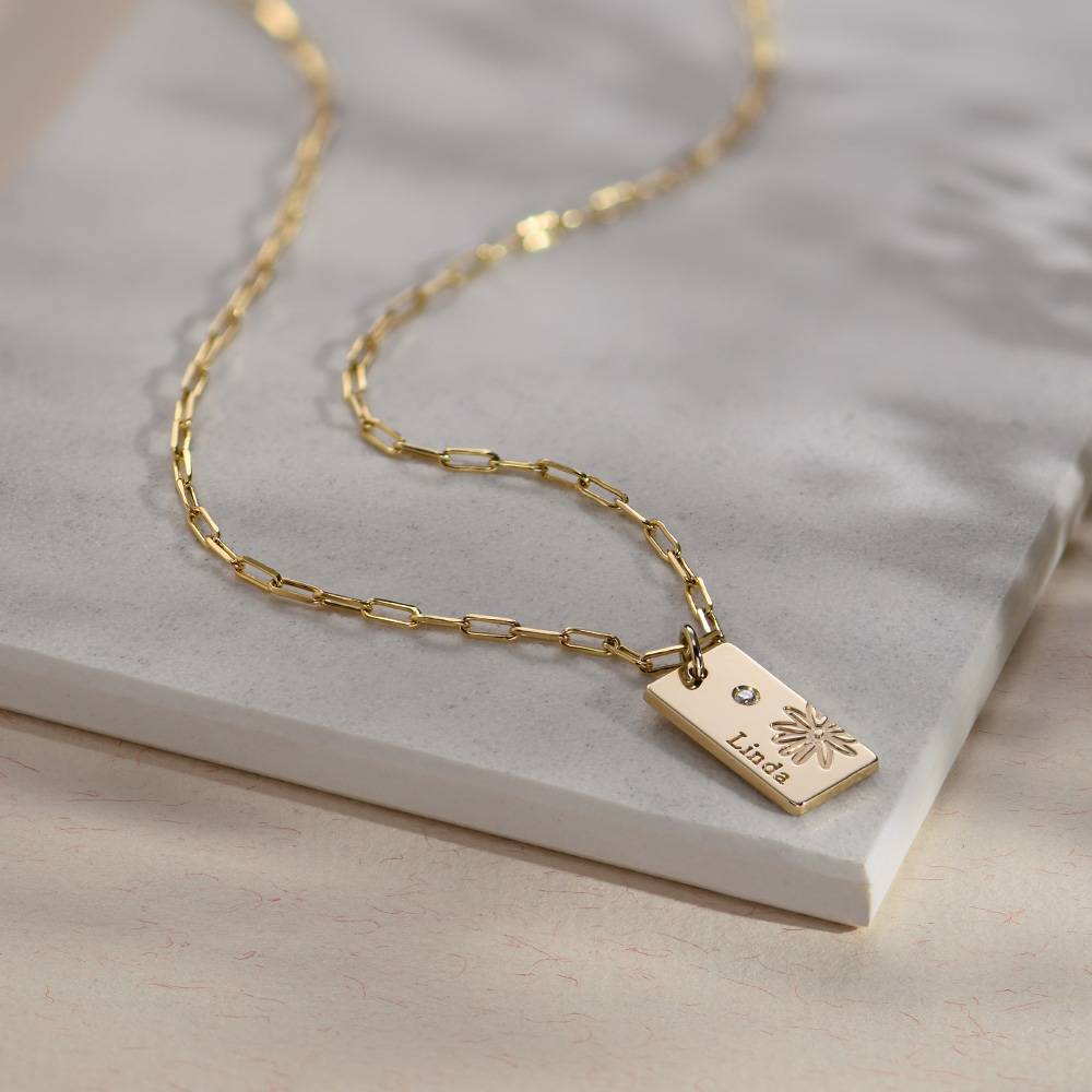 Collar de Eslabones con Flor de Nacimiento y Diamante en Oro Sólido 14K-2 foto de producto