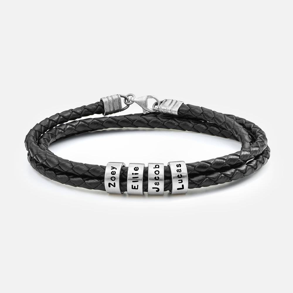 Pulsera de Cuero Negro Trenzado Navigator con Cuentas Grabadas en Plata-1 foto de producto