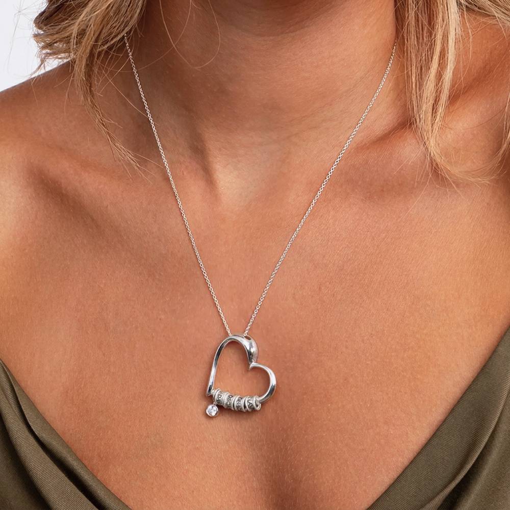 Collar Corazón Encantador con Cuentas Grabadas y Diamante de 0.1ct en Plata-3 Collar Corazón Encantador con Cuentas Grabadas y Diamante de 0.1ct en Plata-3 foto de producto