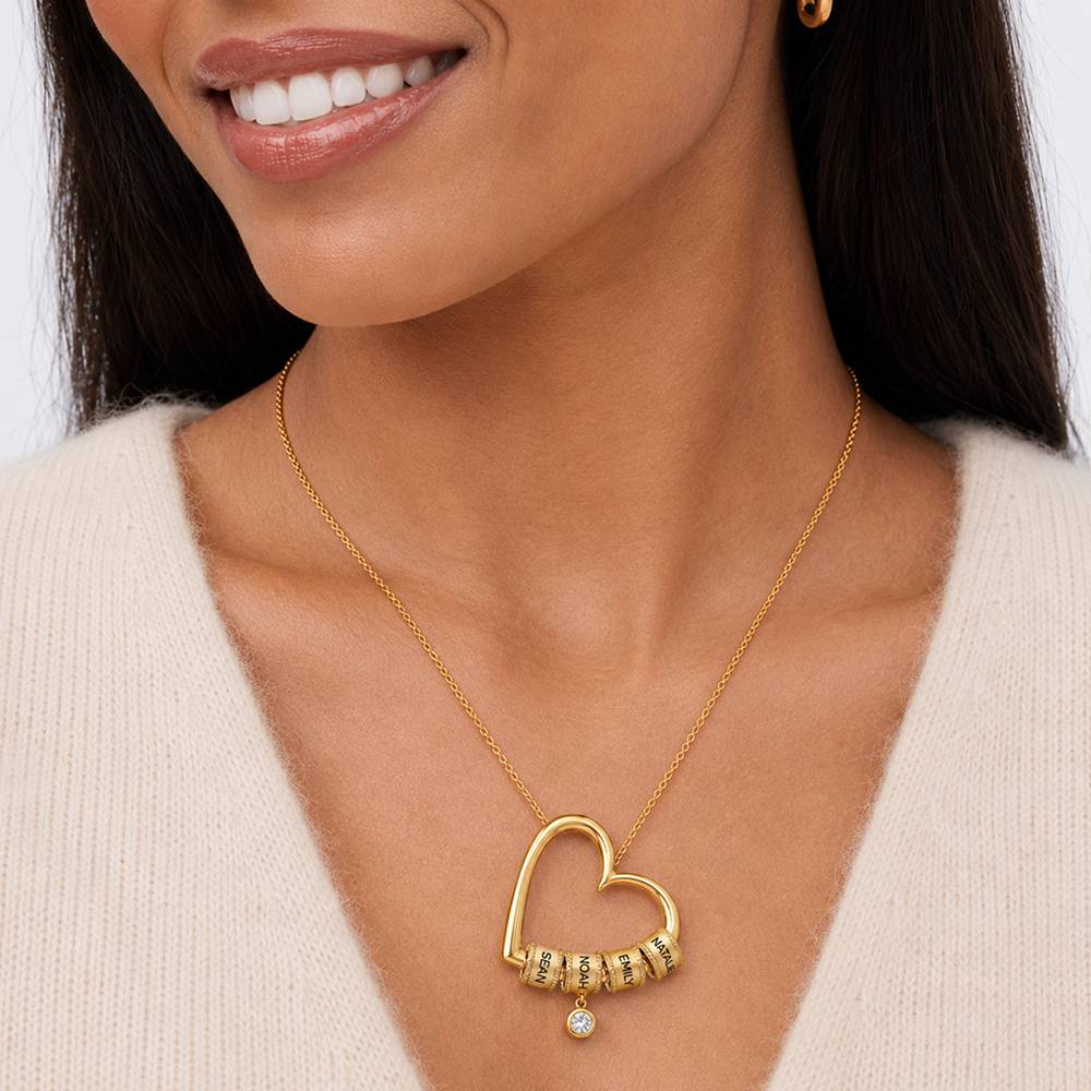 Collar Corazón Encantador con Cuentas Grabadas y Diamante de 0.25ct en Baño de Oro-4 foto de producto
