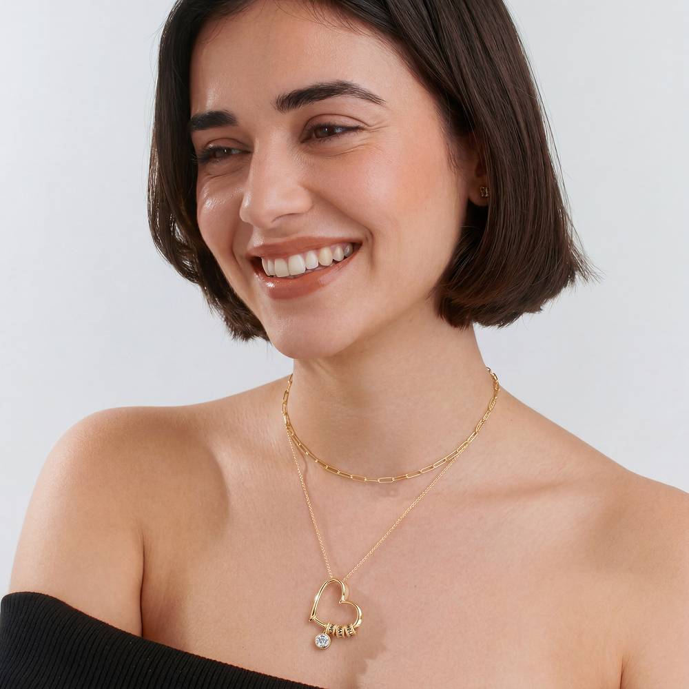 Collar Corazón Encantador con Cuentas Grabadas y Diamante de 1ct en Oro Blanco 10K-4 foto de producto