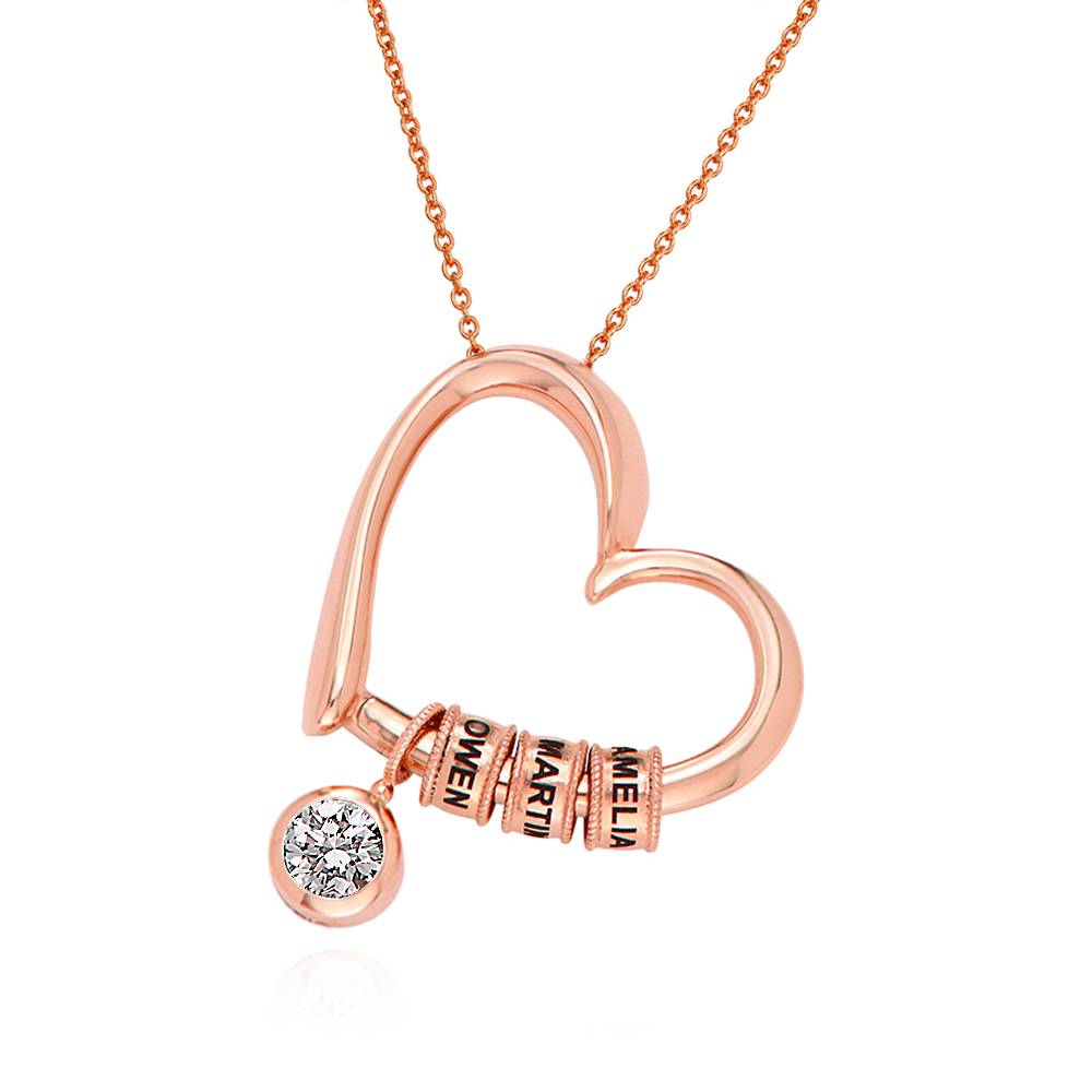 Collar Corazón Encantador con Cuentas Grabadas y Diamante de 1CT en Chapado de Oro Rosa-1 Collar Corazón Encantador con Cuentas Grabadas y Diamante de 1CT en Chapado de Oro Rosa-1 foto de producto