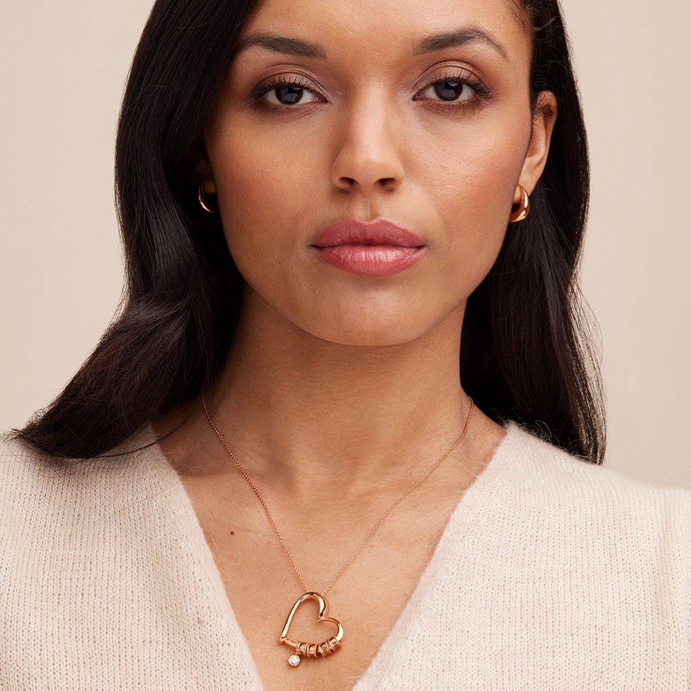 Collar Corazón Encantador con Cuentas Grabadas y Diamante de 0.25ct en Chapa de Oro Rosa-4 foto de producto