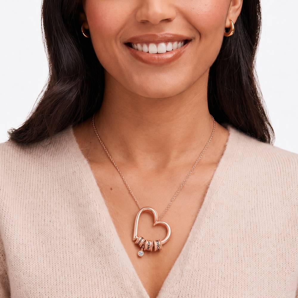 Collar Corazón Encantador con Cuentas Grabadas y Diamante de 0.25ct en Chapado de Oro Rosa-3 Collar Corazón Encantador con Cuentas Grabadas y Diamante de 0.25ct en Chapado de Oro Rosa-3 foto de producto