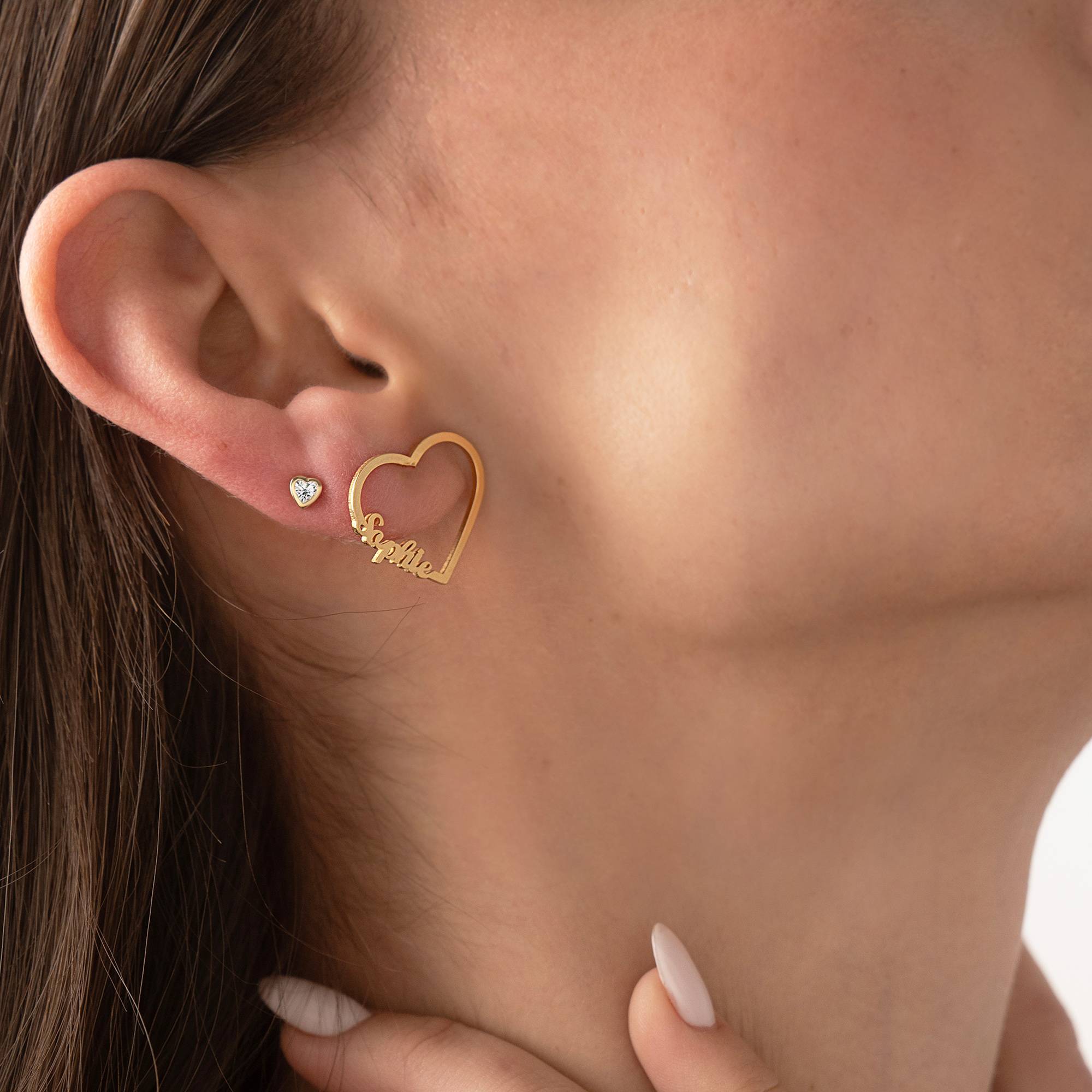Pendientes de Contorno de Corazón con Dos Nombres en Chapa de Oro-3 foto de producto