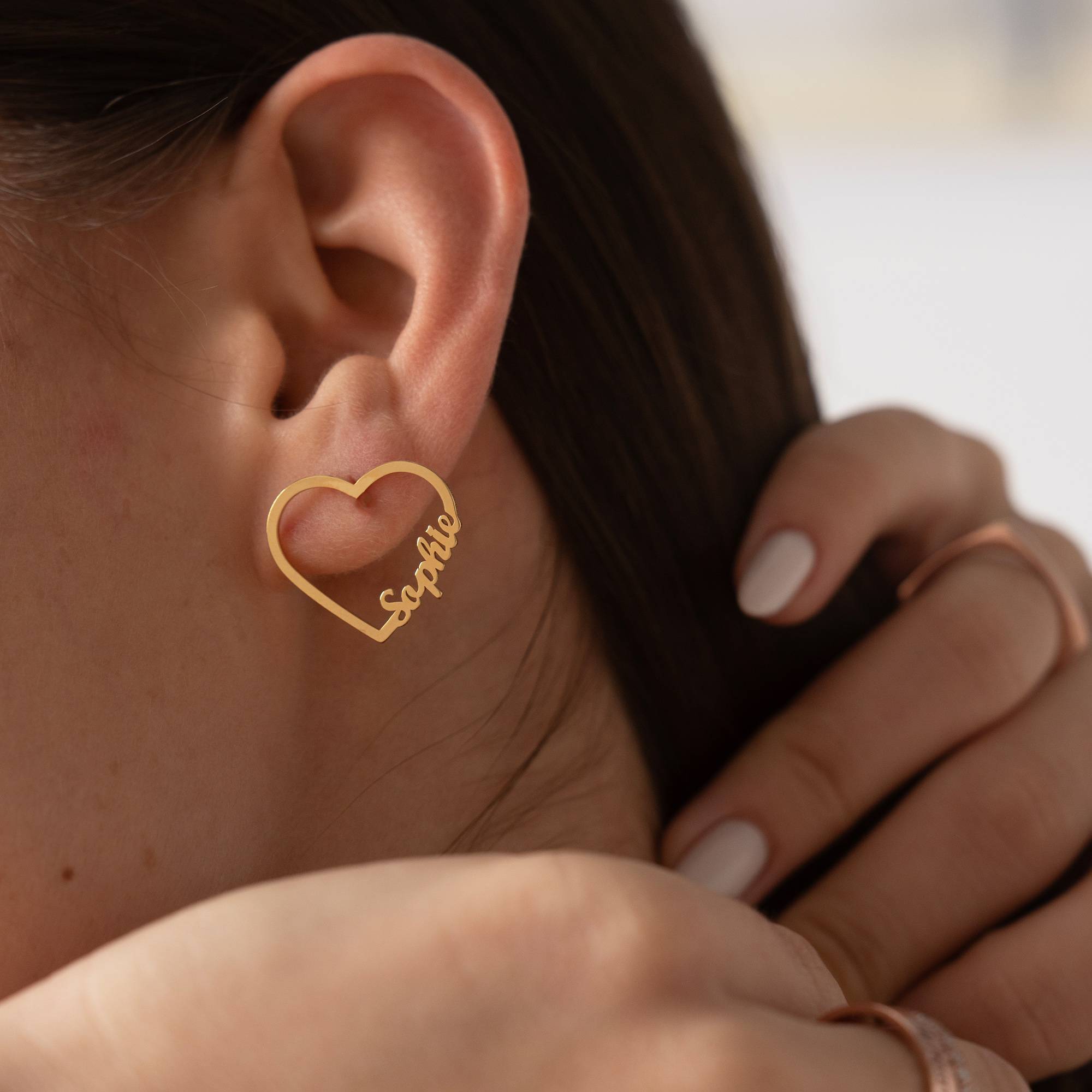 Pendientes de Contorno de Corazón con Dos Nombres en Chapa de Oro-2 foto de producto