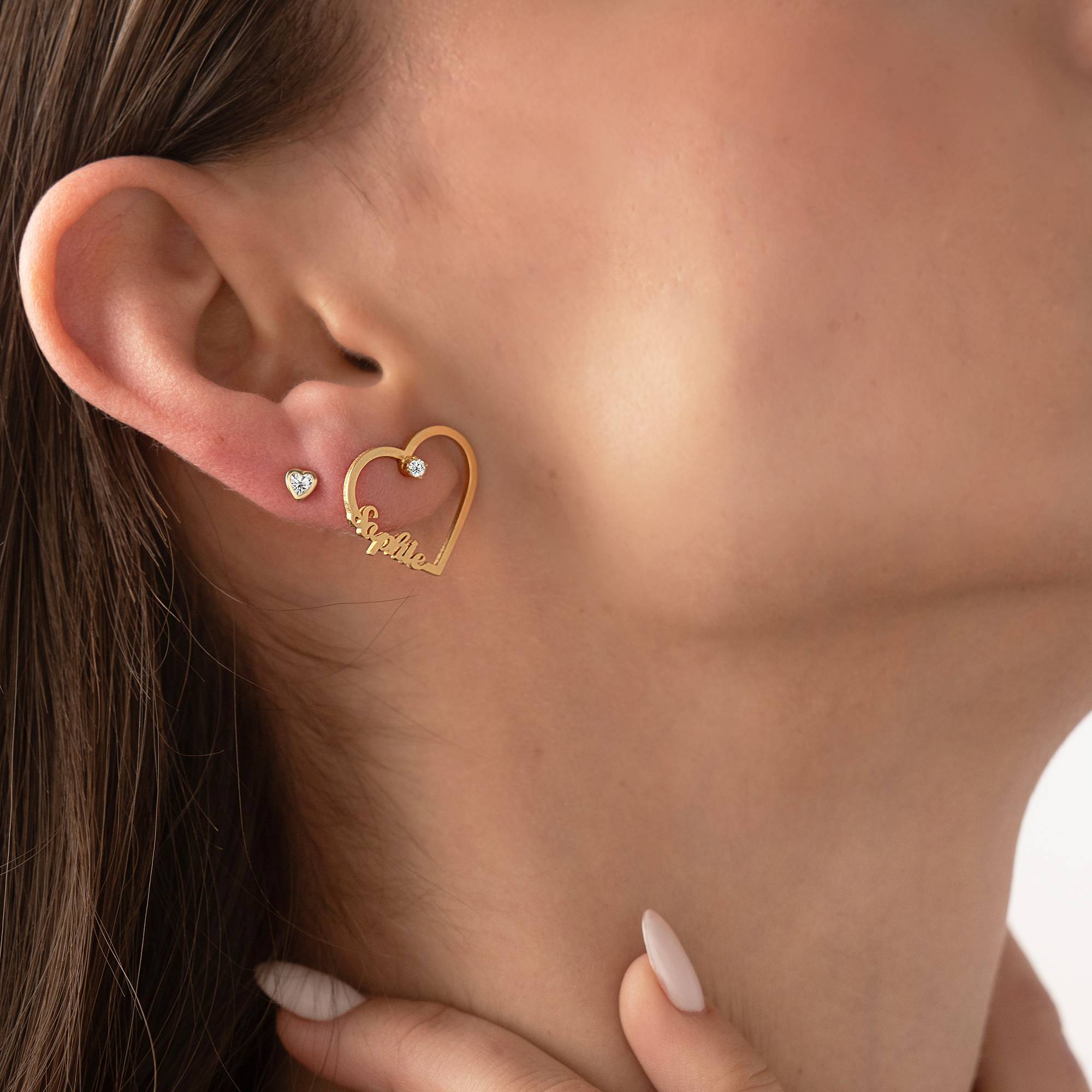 Pendientes de Contorno de Corazón con Dos Nombres con 0.05ct Diamantes en Chapa de Oro-2 foto de producto