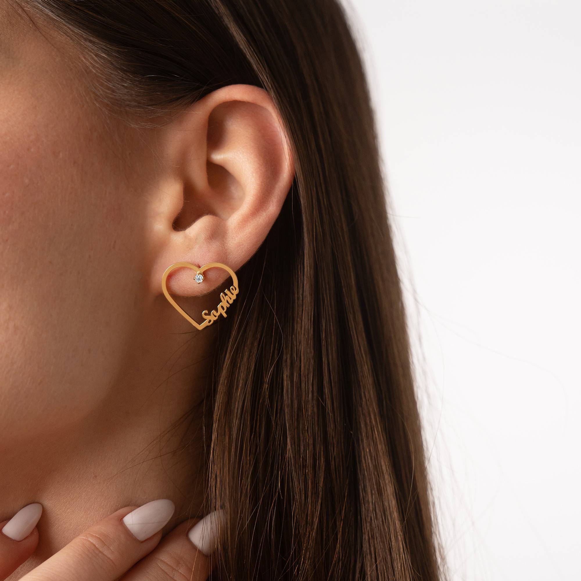 Pendientes de Contorno de Corazón con Dos Nombres con 0.05ct Diamantes en Vermeil de Oro-1 foto de producto