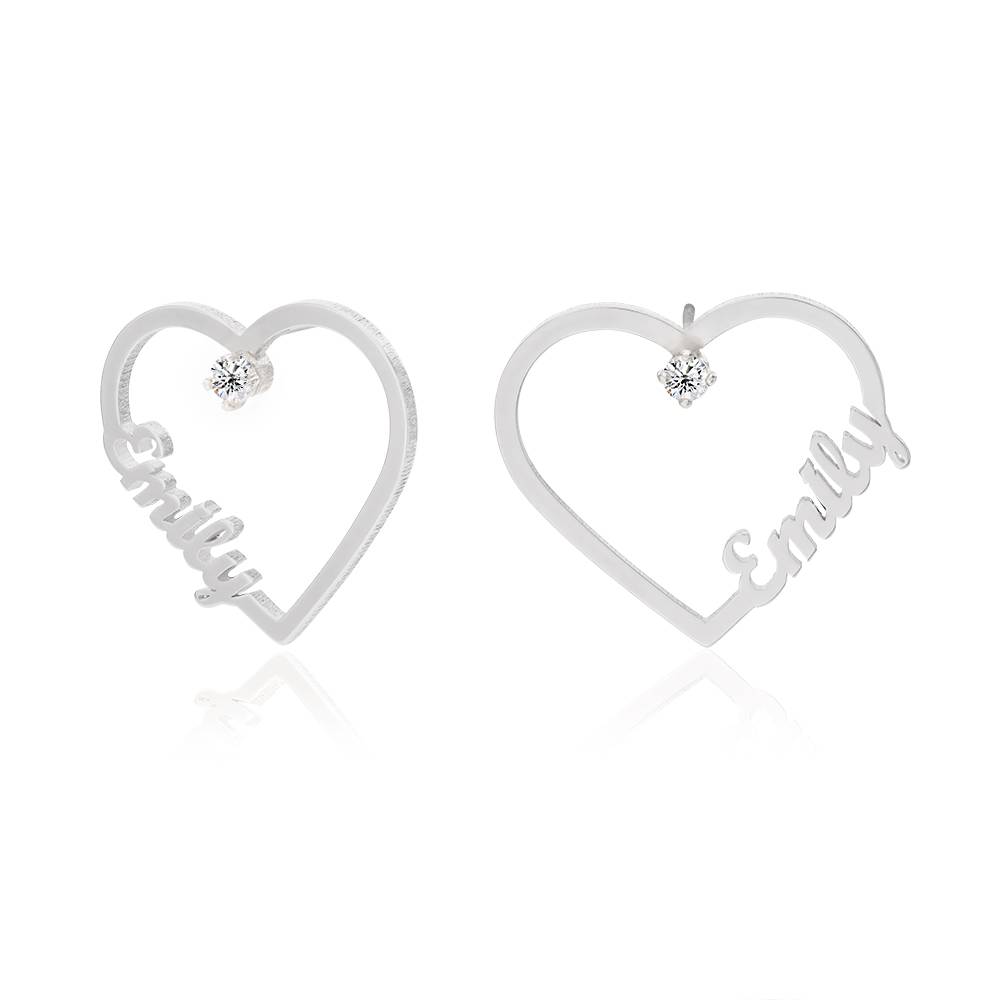 Pendientes de Contorno de Corazón con Dos Nombres con 0.05ct Diamantes en Plata Esterlina-2 foto de producto