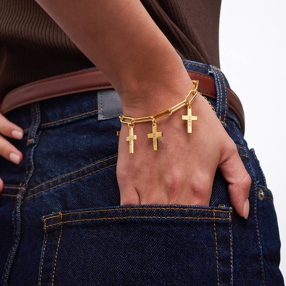 Pulsera de Cadena con Cruz y Dijes Personalizados en Chapa de Oro-4 foto de producto