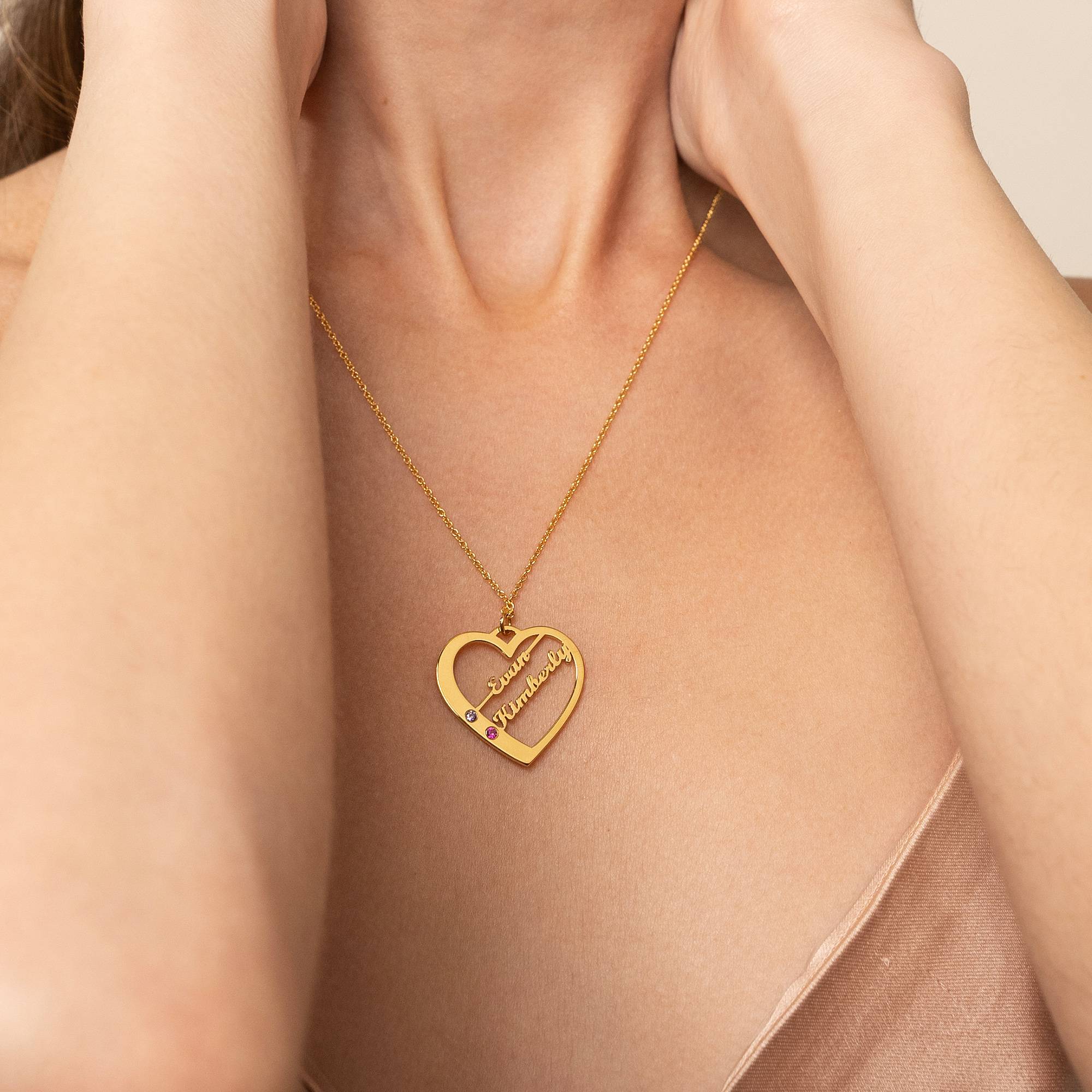 Collar de Corazón Ella con Nombres y Piedras de Nacimiento en Baño de Oro-2 foto de producto