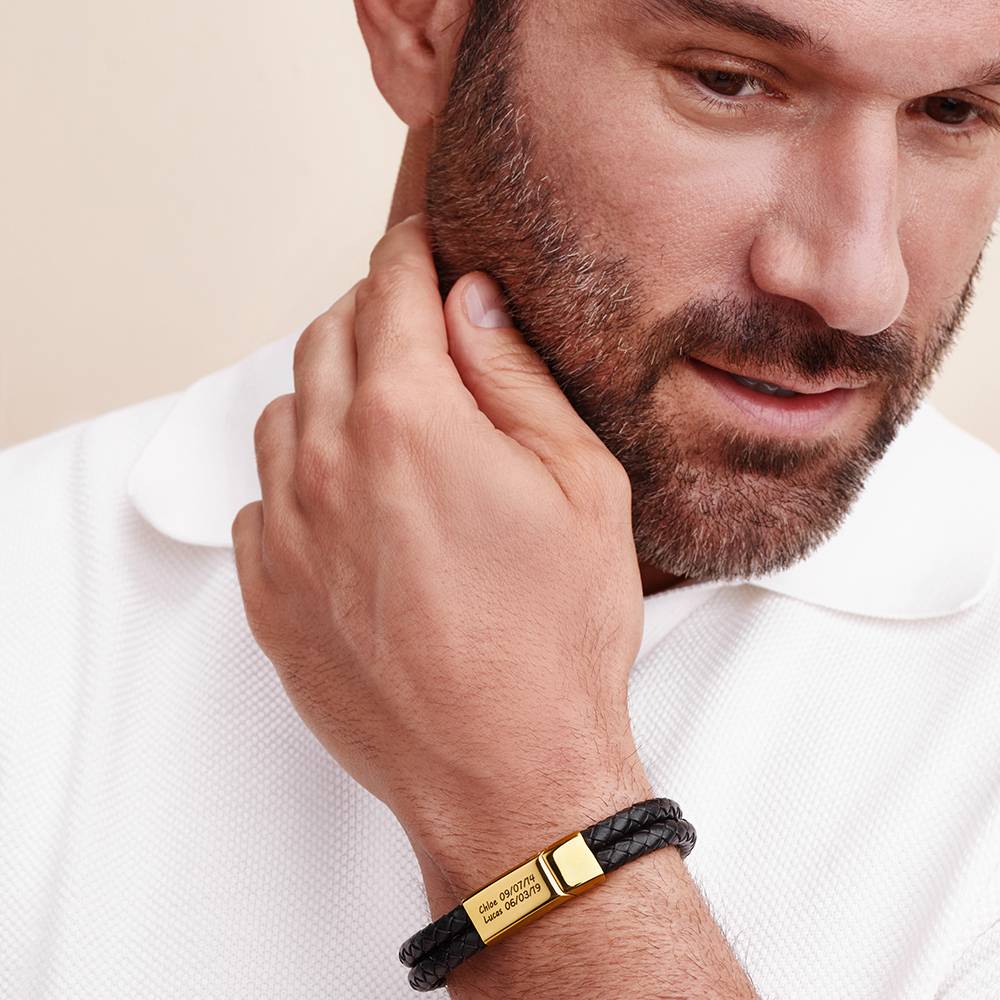 Pulsera Estilo Explorador para Hombres de Cuero Negro en Chapa de Oro-4 foto de producto
