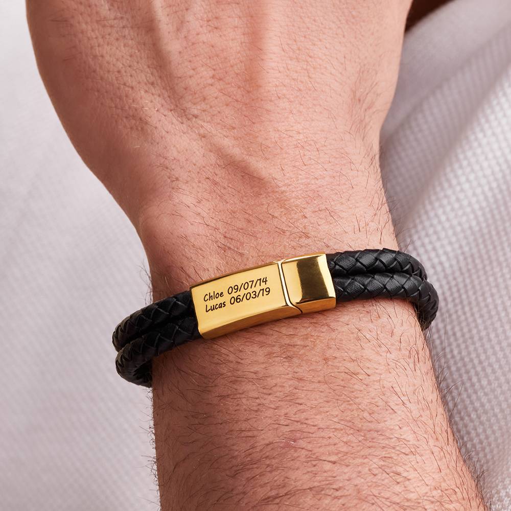 Pulsera Estilo Explorador para Hombres de Cuero Negro en Chapa de Oro-5 foto de producto