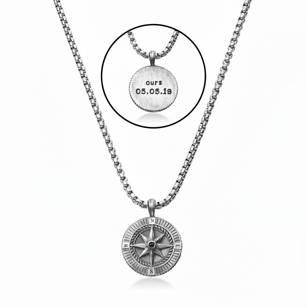 Collar de Brújula Grabada para Hombre en Plata Esterlina-7 foto de producto