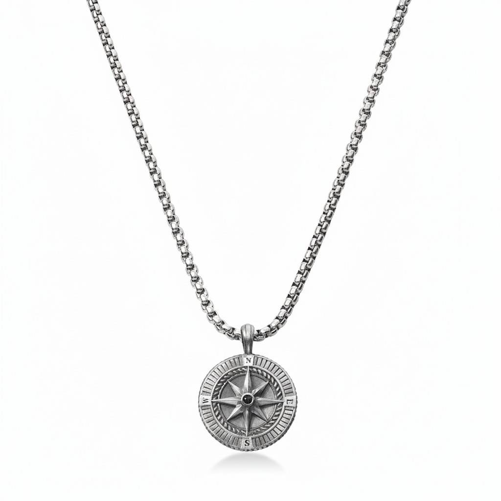 Collar de Brújula Grabada para Hombre en Plata Esterlina-8 foto de producto