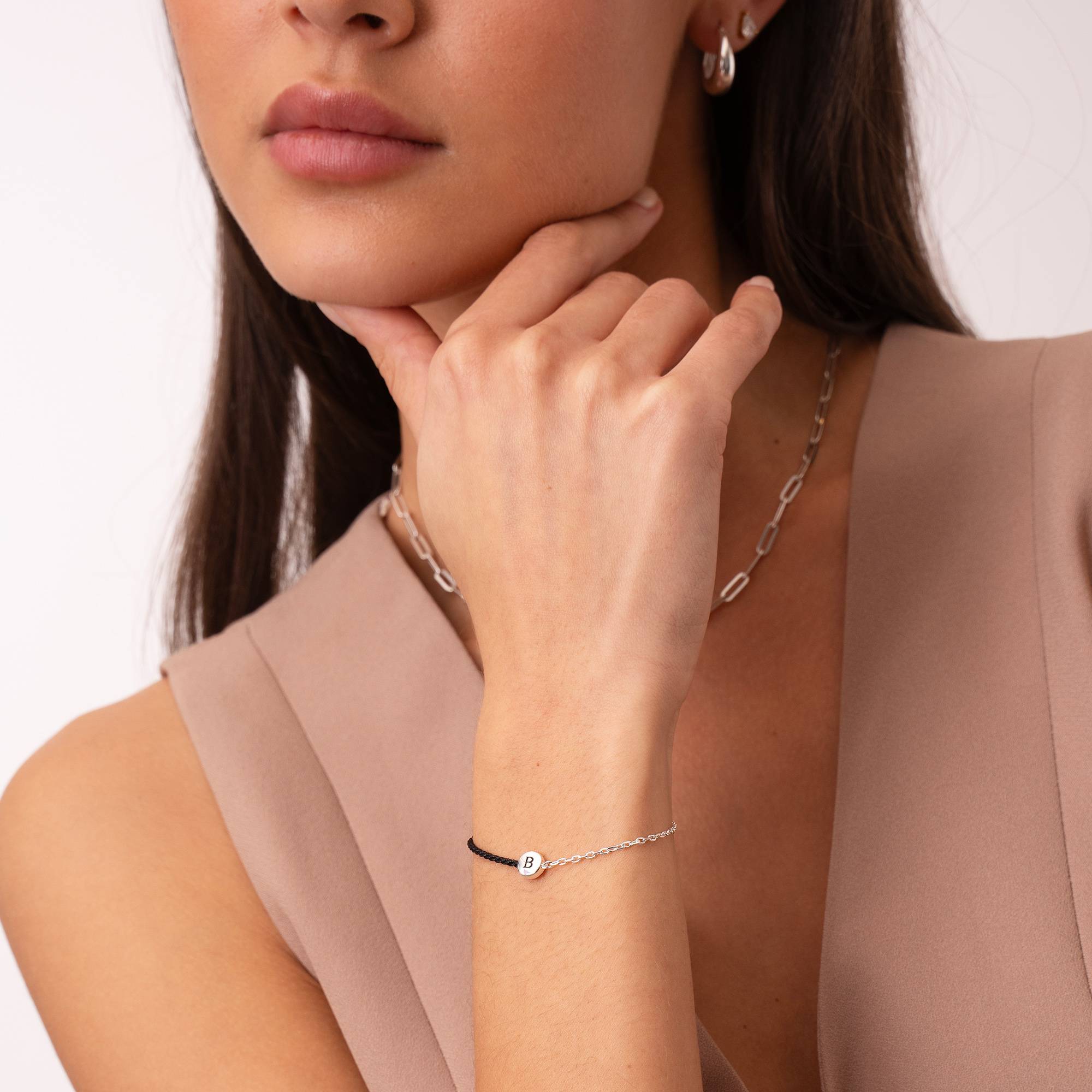 Pulsera Mitad Negra Mitad Cadena con Inicial y Diamante en Plata Esterlina-3 foto de producto