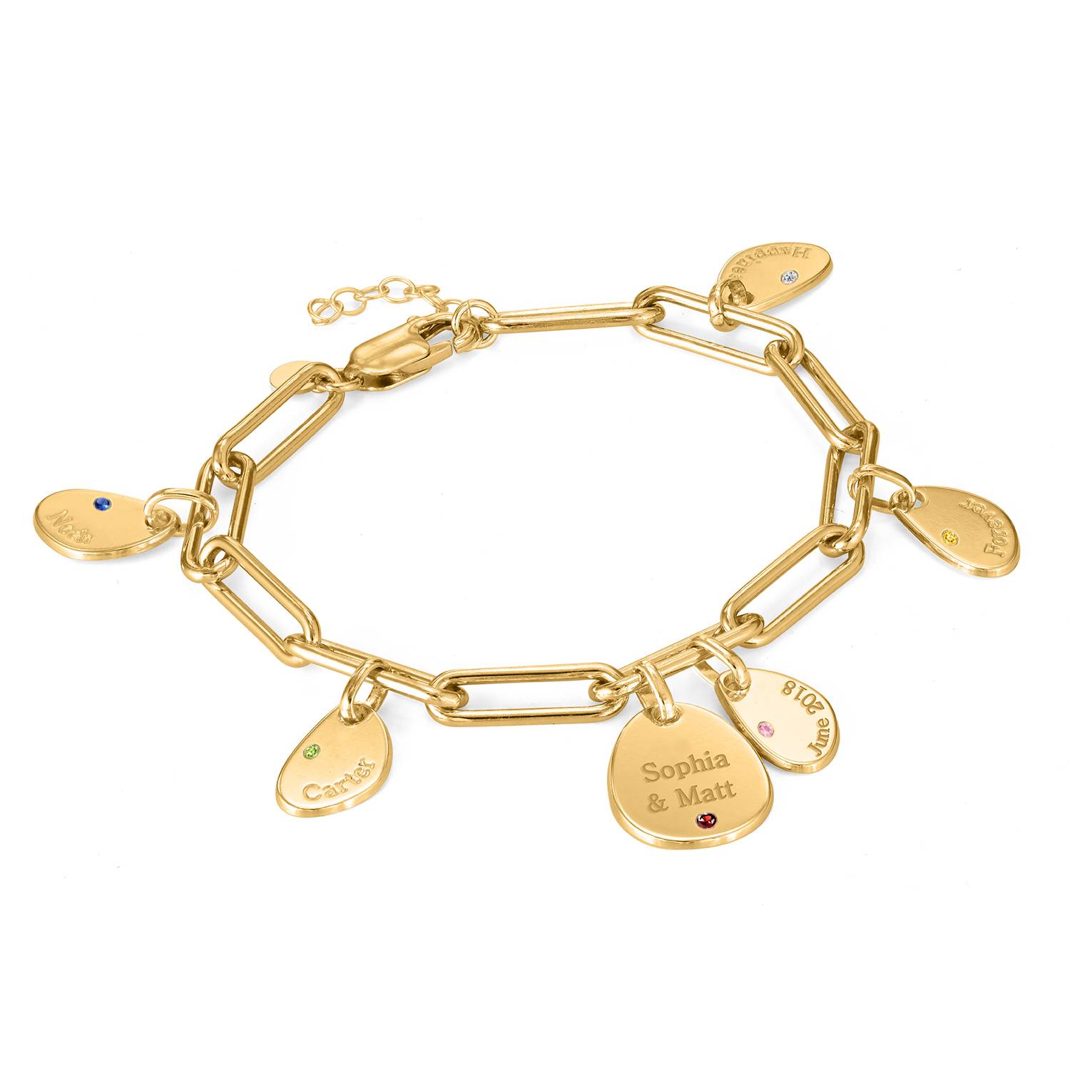 Pulsera de Eslabones Hazel con Dijes Personalizados con Piedras de Nacimiento en Baño de Oro-1 Pulsera de Eslabones Hazel con Dijes Personalizados con Piedras de Nacimiento en Baño de Oro-1 foto de producto
