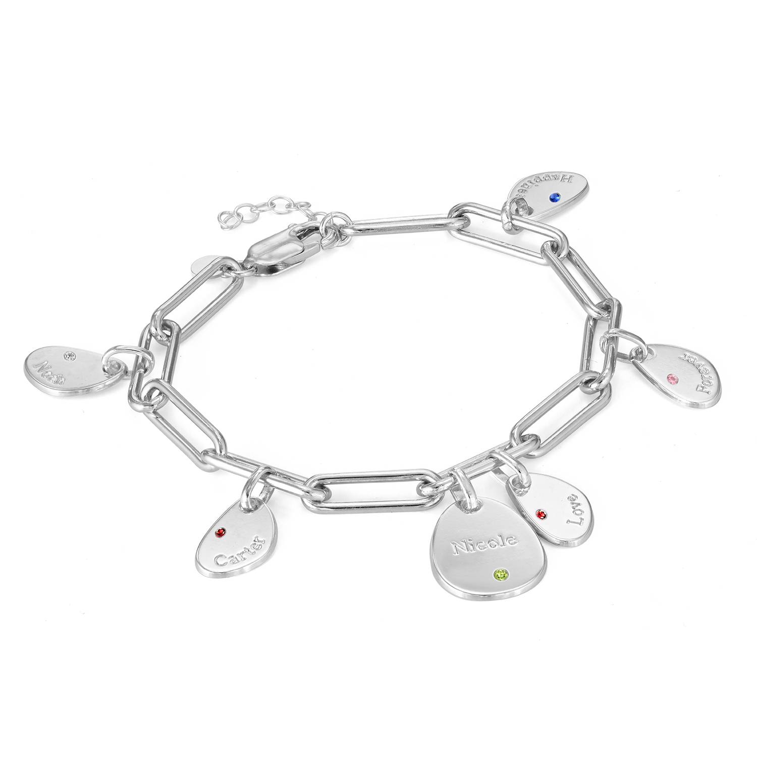 Pulsera de Eslabones Hazel con Dijes Personalizados con Piedras de Nacimiento en Plata-1 Pulsera de Eslabones Hazel con Dijes Personalizados con Piedras de Nacimiento en Plata-1 foto de producto