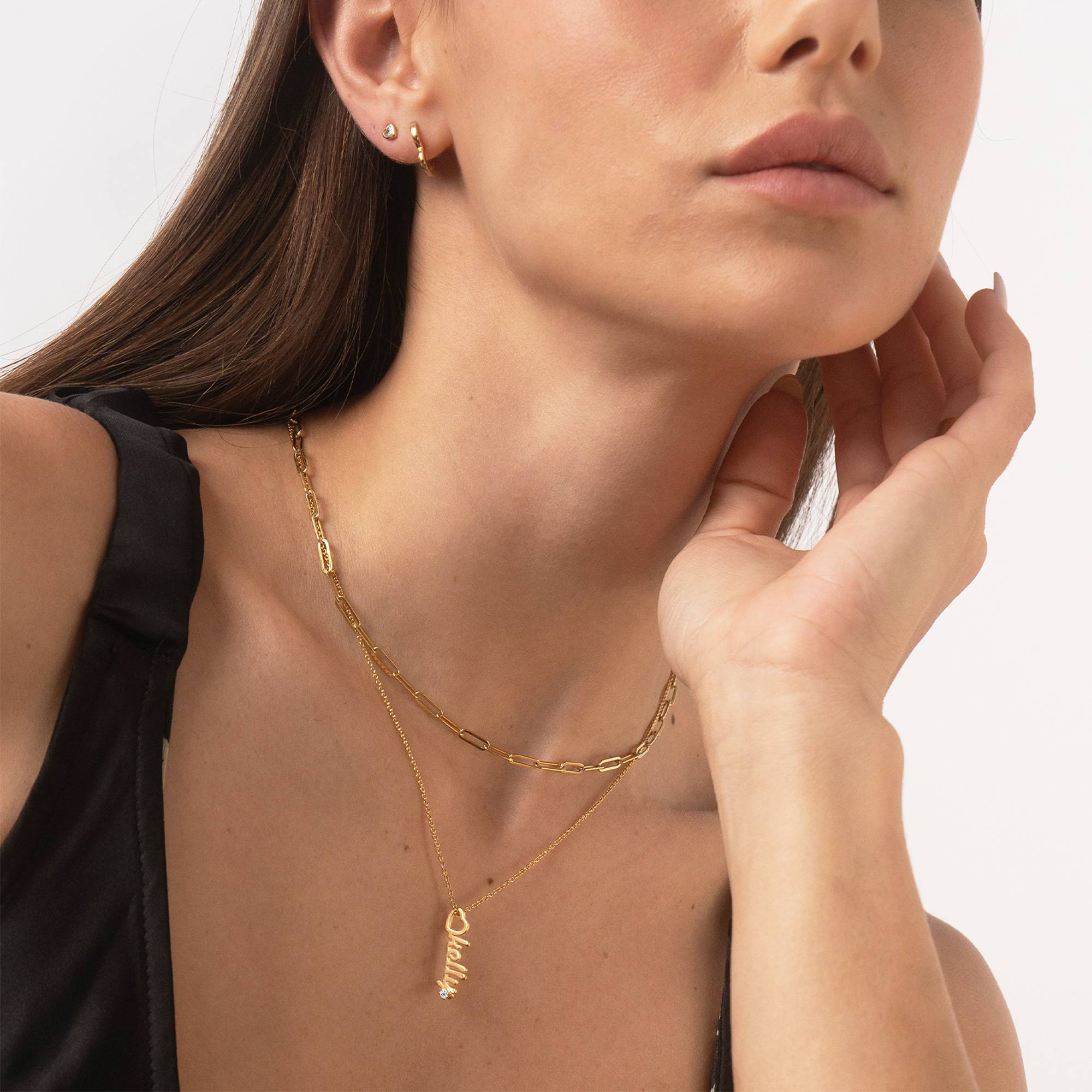 Collar con Nombre Vertical y Colgante de Corazón con 0.05ct Diamante en Chapa de Oro-5 foto de producto
