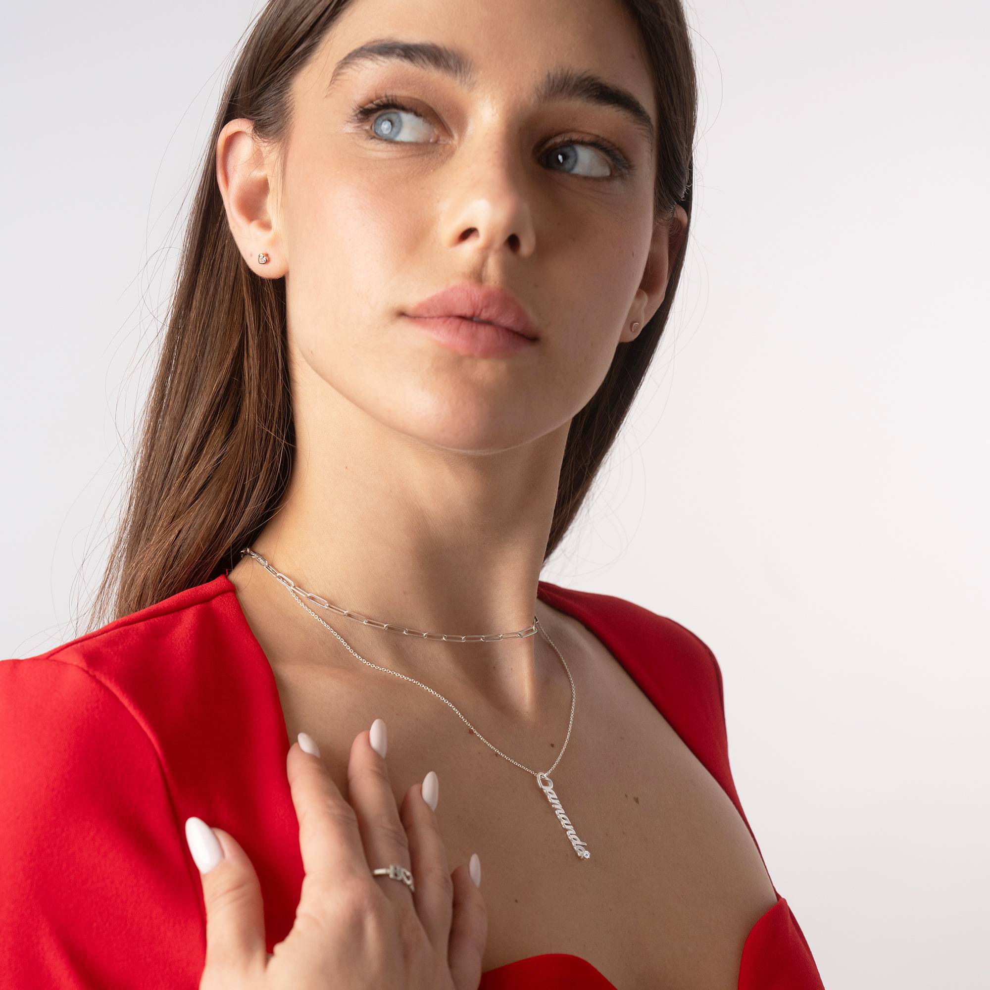 Collar con Nombre Vertical y Colgante de Corazón con 0.05ct Diamante en Plata Esterlina-2 foto de producto
