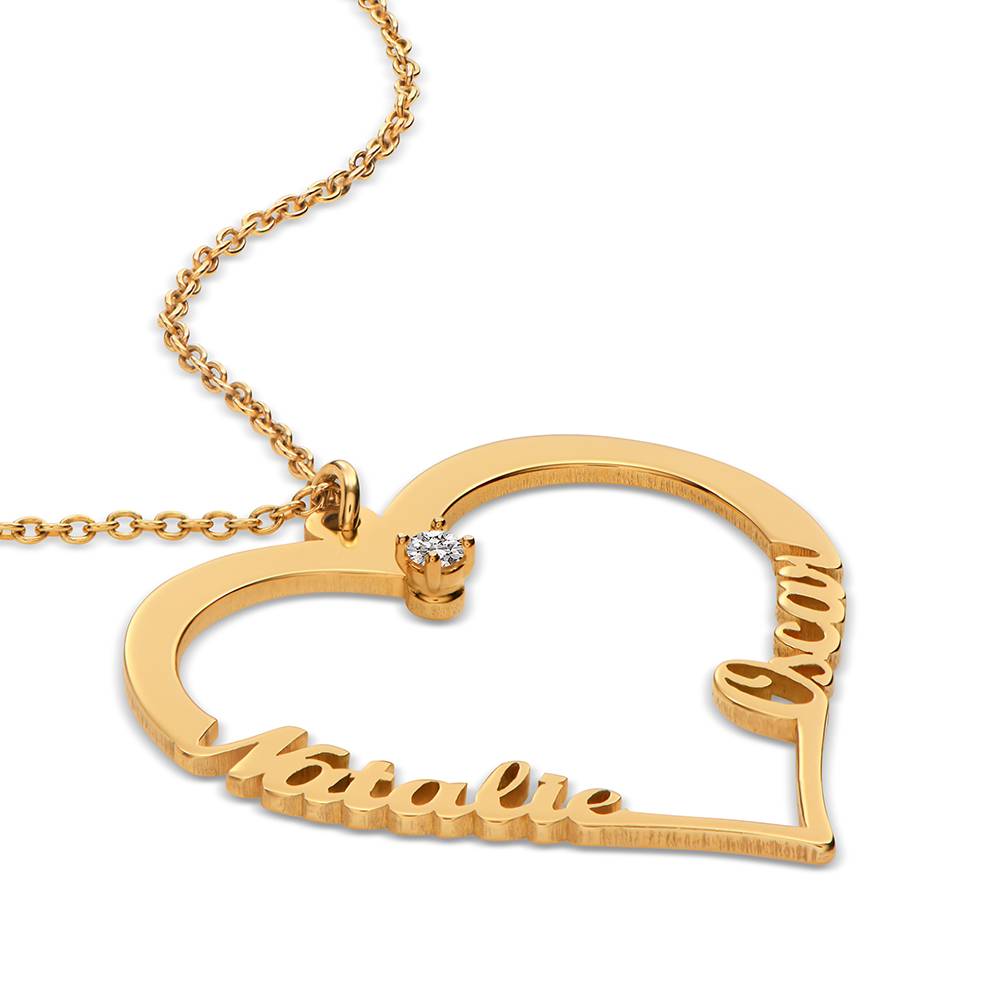 Collar de Contorno de Corazón con Dos Nombres con 0.05ct Diamante en Baño de Oro-2 foto de producto