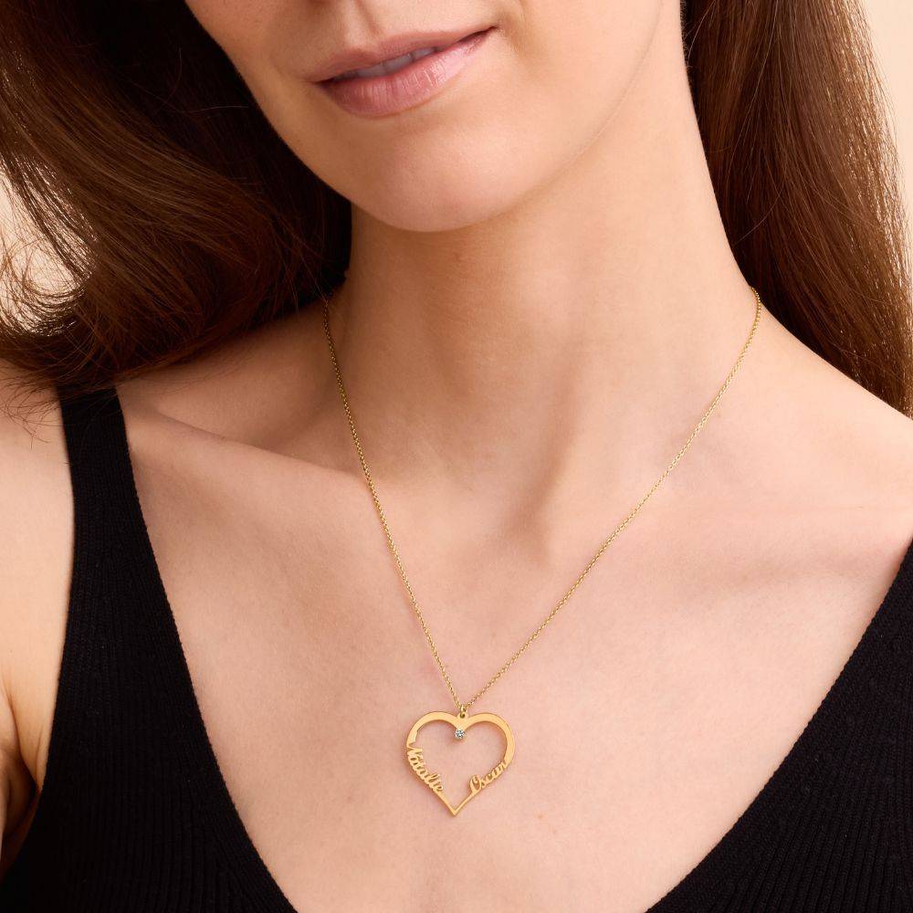 Collar de Contorno de Corazón con Dos Nombres con 0.05ct Diamante en Baño de Oro-4 foto de producto