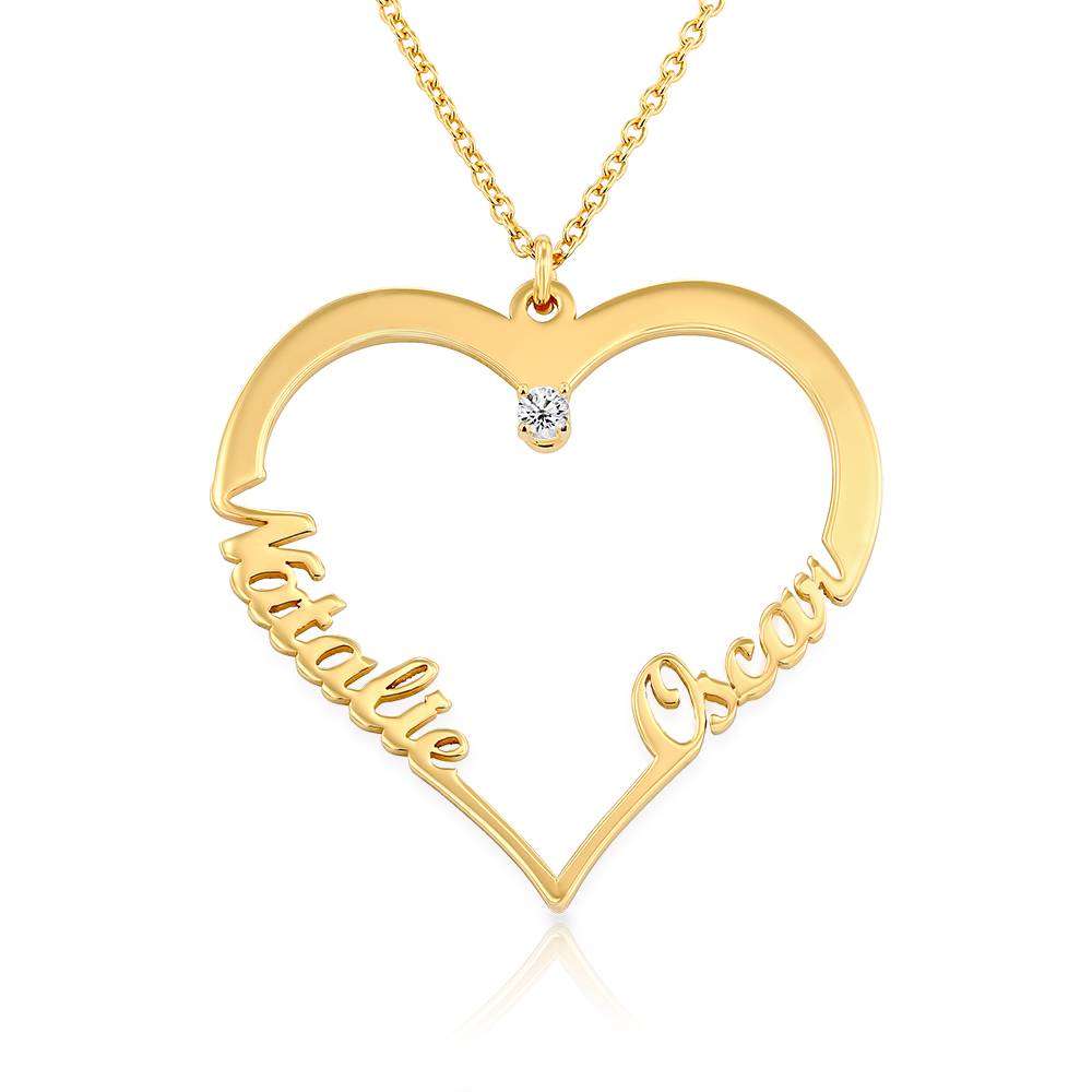 Collar de Contorno de Corazón con Dos Nombres con 0.05ct Diamante en Baño de Oro-1 foto de producto