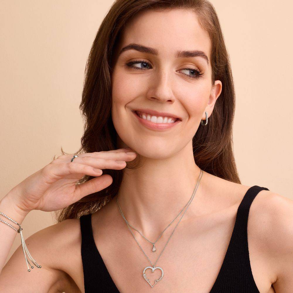 Collar de Contorno de Corazón con Dos Nombres con 0.05ct Diamante en Plata Esterlina-6 foto de producto