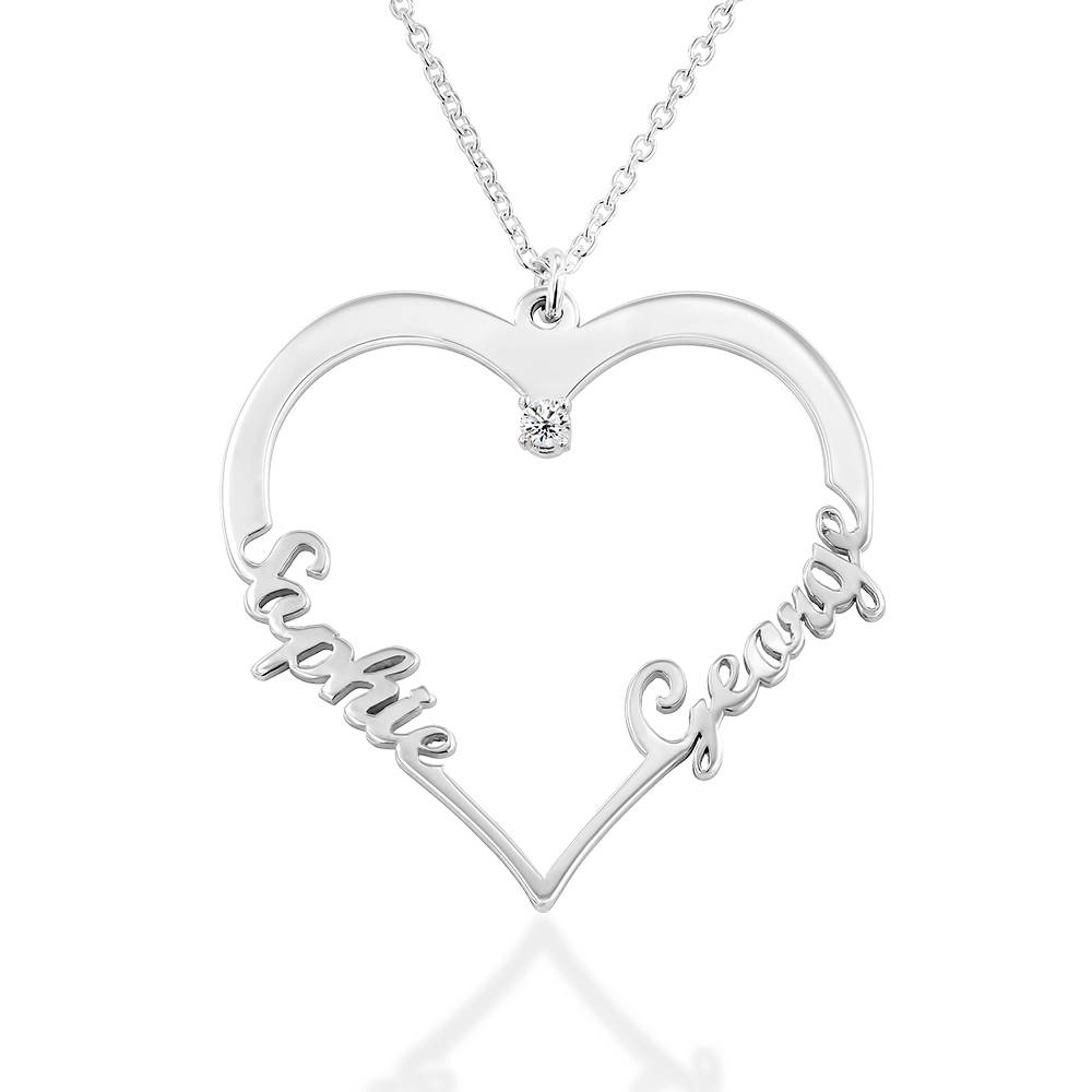 Collar de Contorno de Corazón con Dos Nombres con 0.05ct Diamante en Plata Esterlina-2 foto de producto