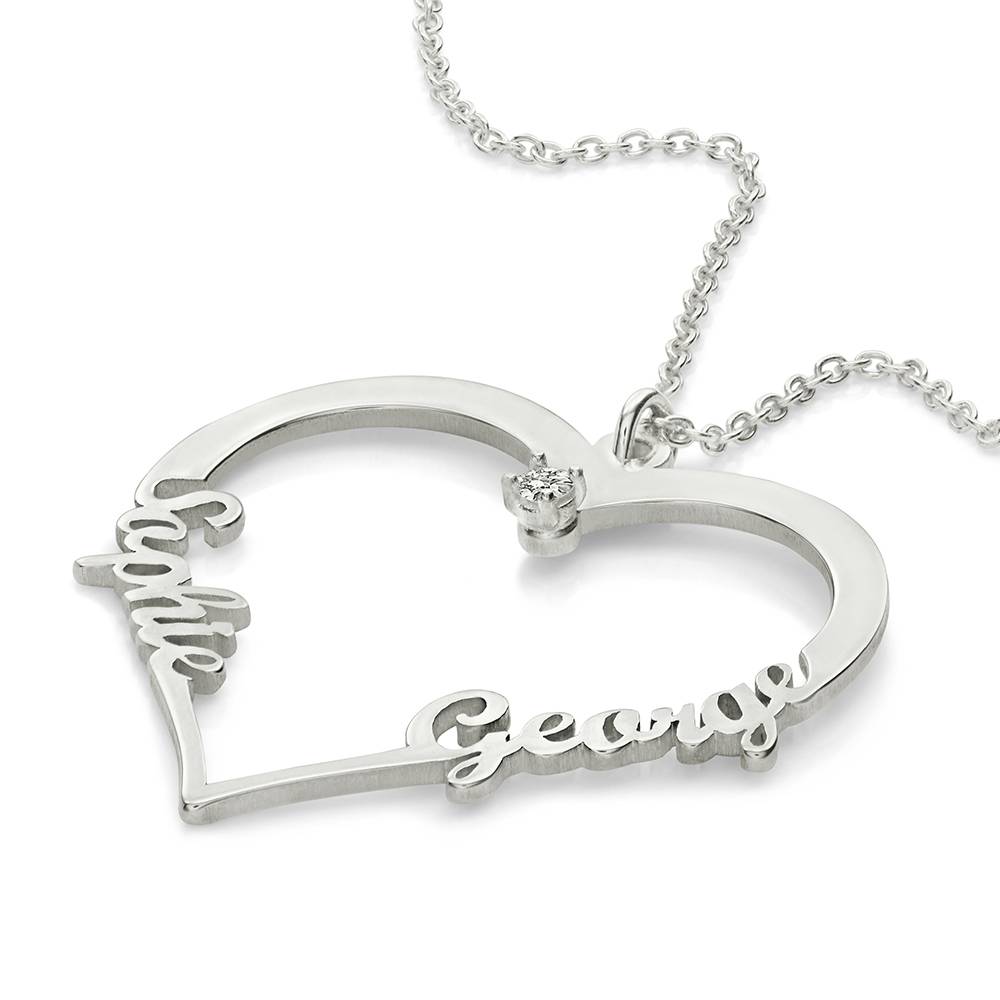 Collar de Contorno de Corazón con Dos Nombres con 0.05ct Diamante en Plata Esterlina-3 foto de producto