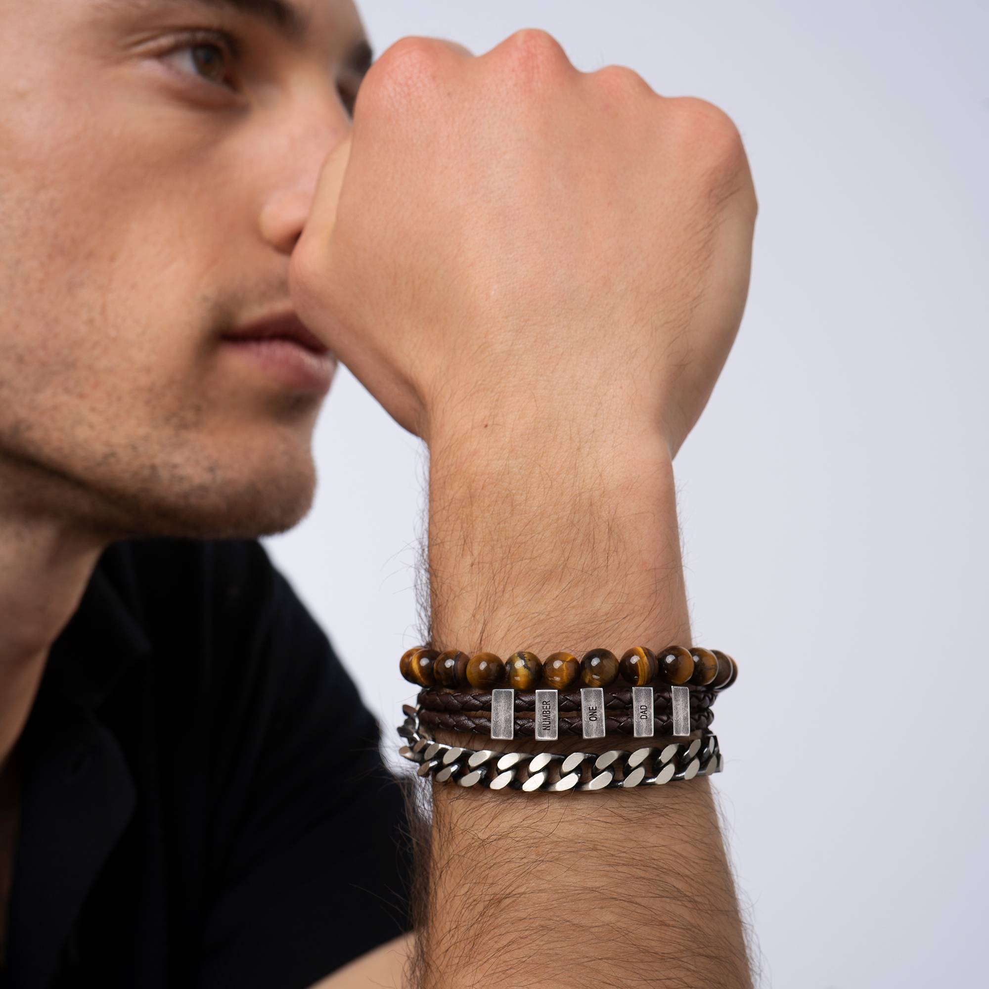 Pulsera Marrón Hunter para Hombre, Cuero Trenzado con Cuentas de Acero Inoxidable-3 foto de producto