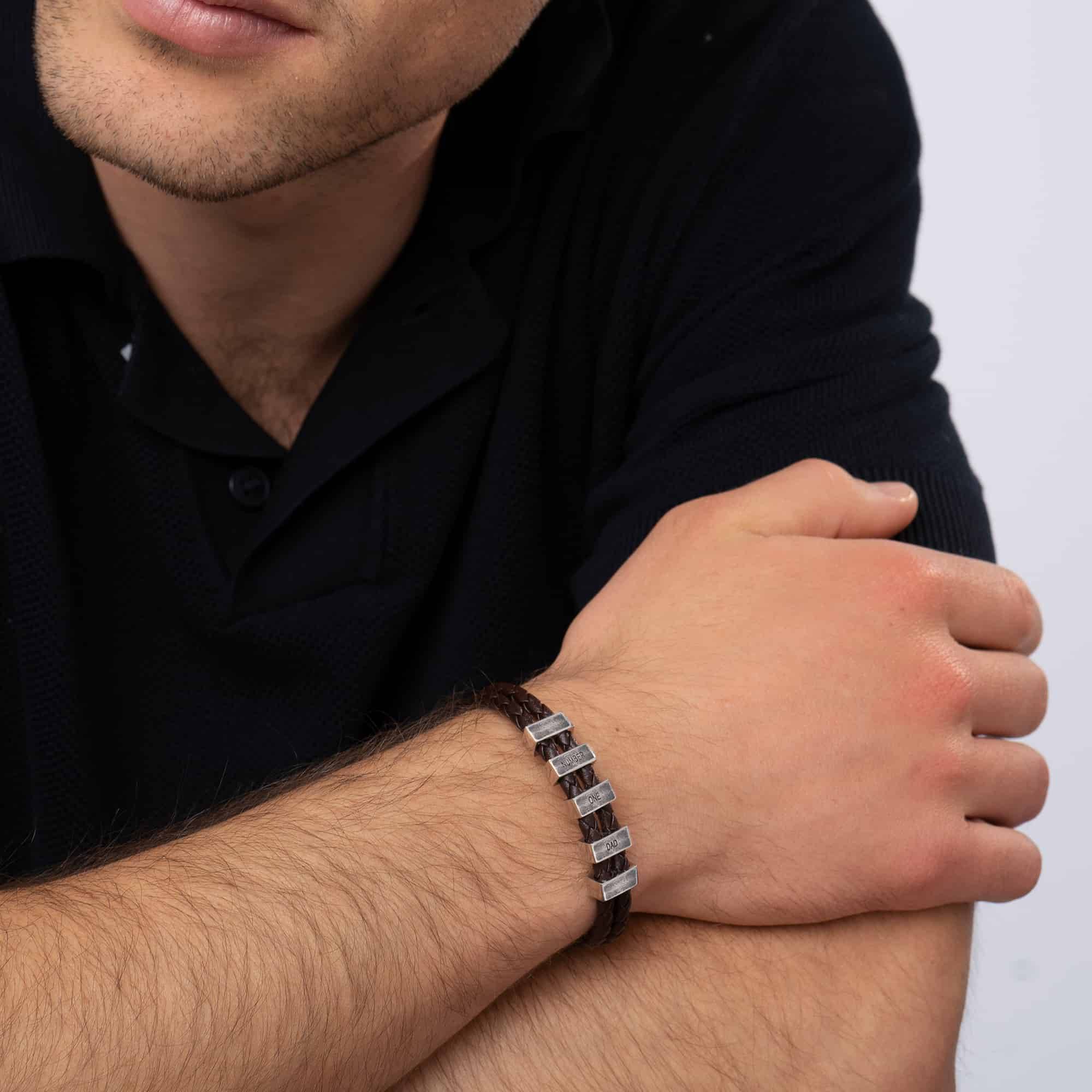 Pulsera Marrón Hunter para Hombre, Cuero Trenzado con Cuentas de Acero Inoxidable-4 foto de producto