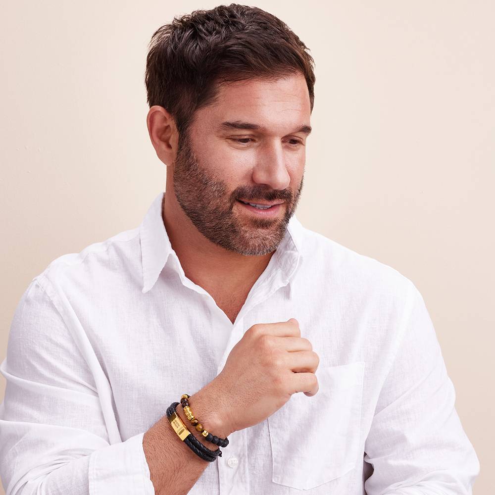 Pulsera de Lava y Ojo de Tigre para Hombres con Cuentas Grabadas en Baño de Oro-5 foto de producto